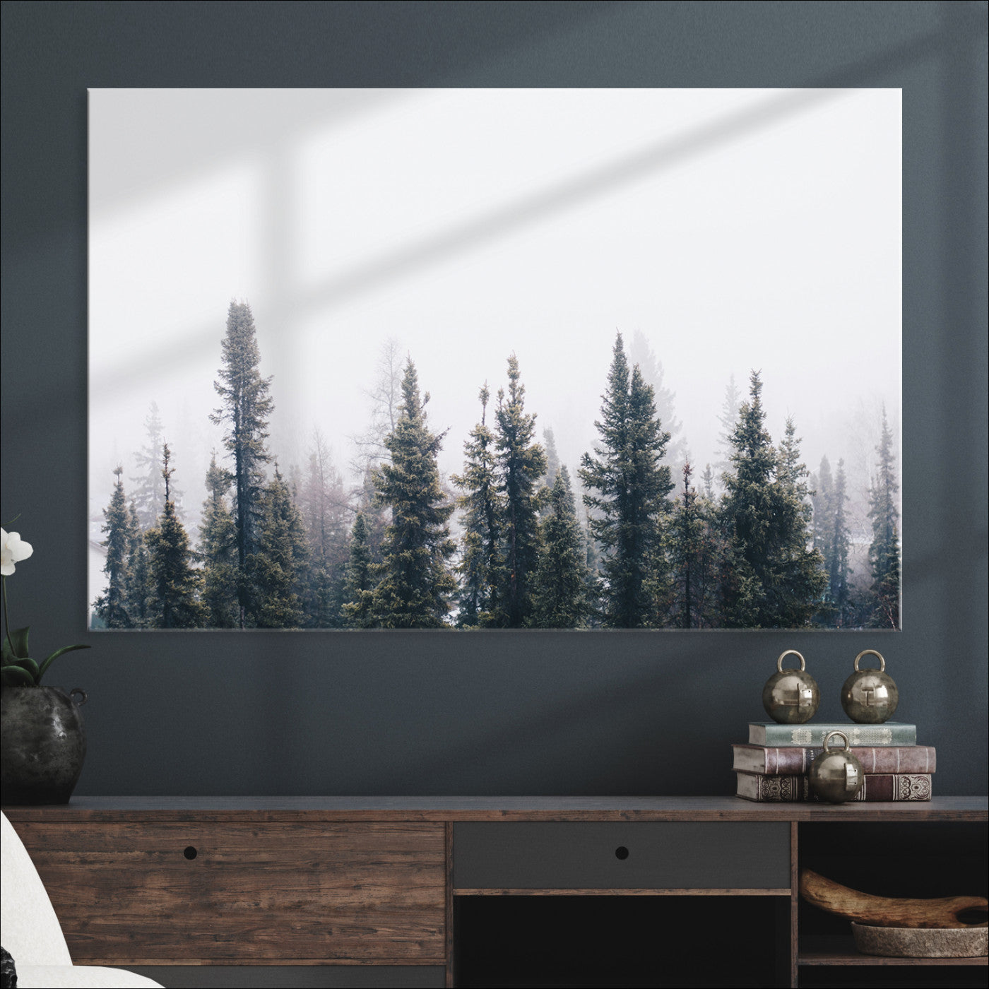 Foggy Forest Wall Art Canvas Print, Framed Misty Pines Art Picture Print, Moody Woodland Perfect Scandinavian Minimalist Decor Artwork