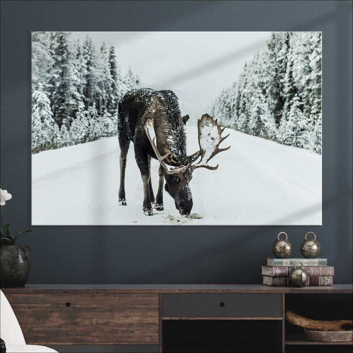 Moose in Snow Wall Art Canvas Print, Framed Winter Wildlife Art Picture Print, Snowy Forest Scene Perfect Rustic Lodge Decor Artwork