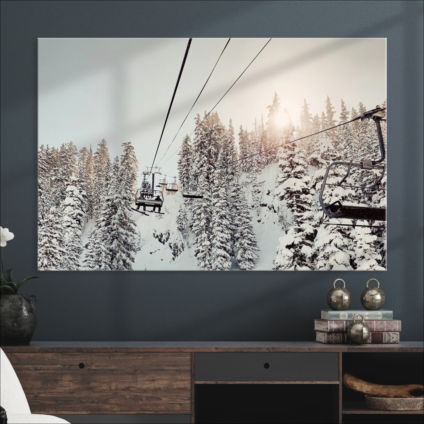 Frosty Pines Wall Art Canvas Print, Framed Cozy Cabin View Art Picture Print, Ski Lift Ride Perfect Rustic Lodge Decor Artwork