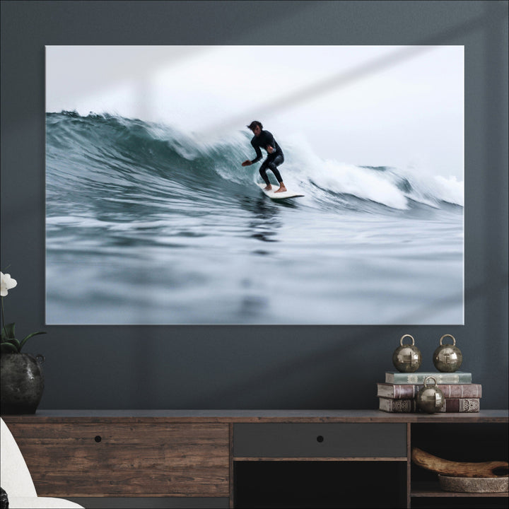 Surfer on Wave Wall Art Canvas Print, Ocean Adventure Print, Framed Motion Blur Water Art Print, Large Deep Blue Surf Printing