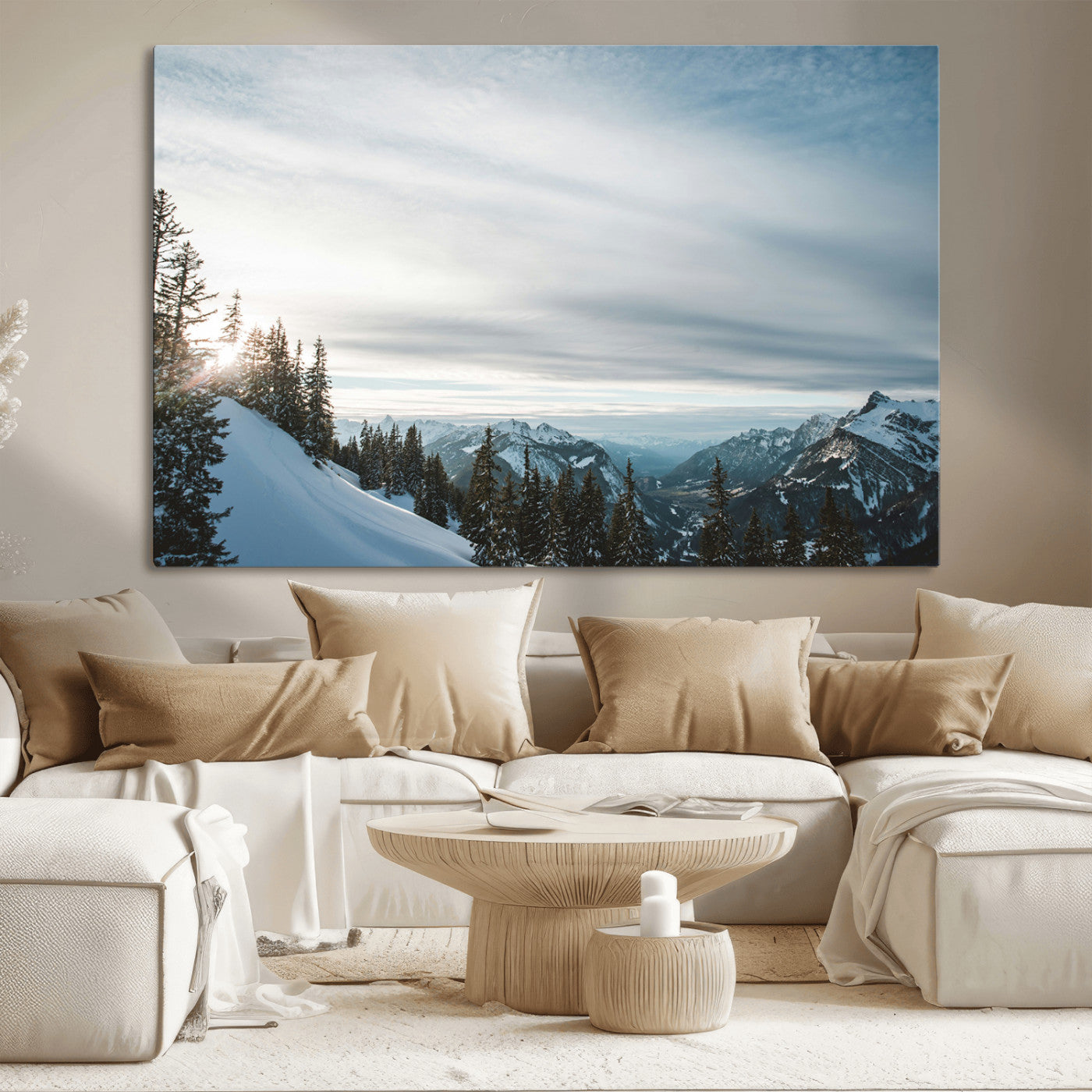 MGV-CV-36X24 - Snowy Mountains Wall Art Canvas Print, Framed Alpine Landscape Art Picture Print, Frosty Peaks Perfect Nordic Minimalist Decor Artwork