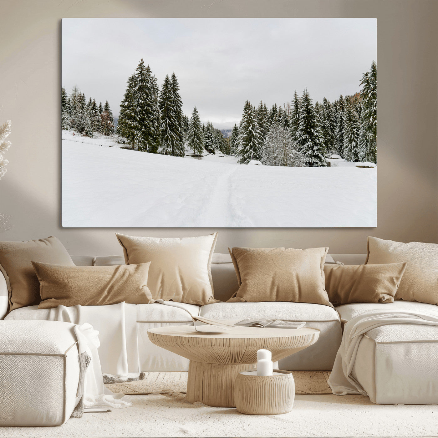 MGV-CV-36X24 - Frosty Pines Wall Art Canvas Print, Framed Silent Snowfall Art Picture Print, Cozy Cabin Vibes Perfect Nordic Minimalist Decor Artwork