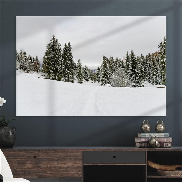 Frosty Pines Wall Art Canvas Print, Silent Snowfall Print, Framed Cozy Cabin Vibes Art Print, Large Rustic Woodland Escape Printing