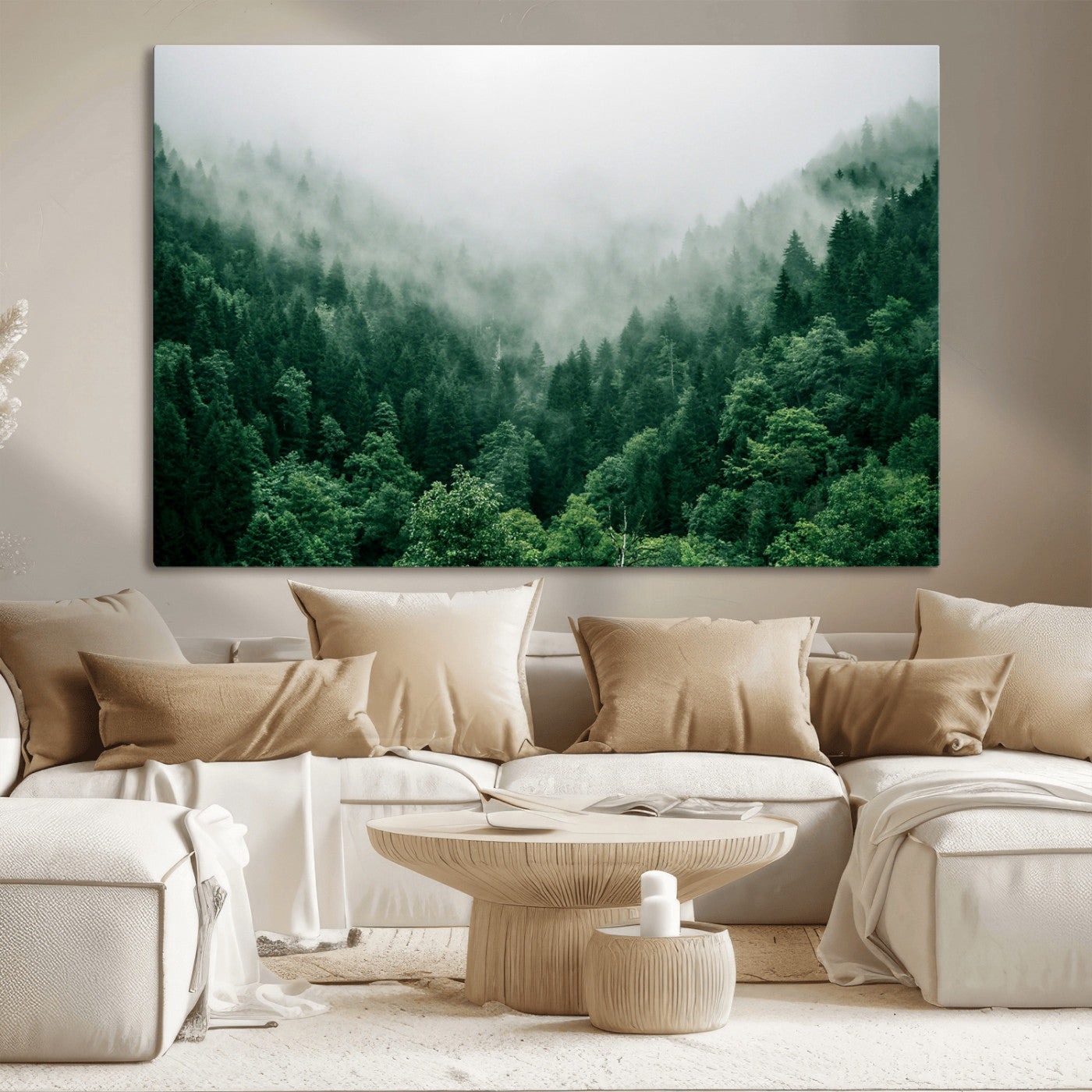 MGV-CV-36X24 - Misty Green Forest Canvas Print – Serene Foggy Pine Landscape Wall Art, Tranquil Nature Decor for