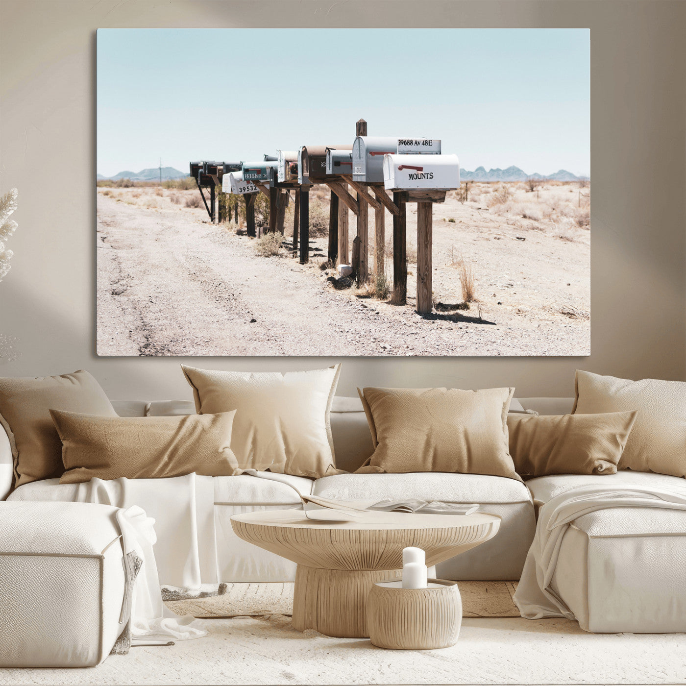 MGV-CV-36X24 - Desert Mailboxes Canvas Print – Minimal Western Landscape Photography, Rustic Americana Wall Art for