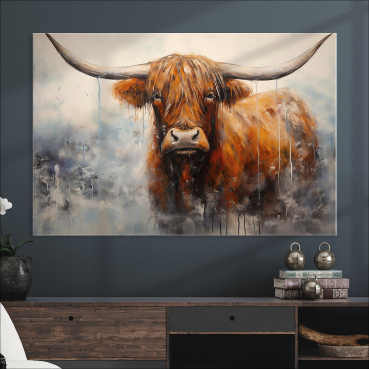 Scottish Highland Wall Art Canvas Print, Framed Longhorn Art Picture Print, Western Cow Perfect Farmhouse Decor Artwork