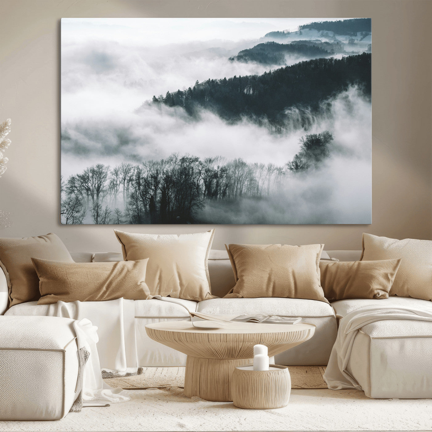 67569654-MGV-CV-36X24-Foggy Forest Landscape Wall Art Canvas Print – Misty Mountain Valley Scene in Monochrome Tones, Perfect for Minimalist or Nordic Home Decor