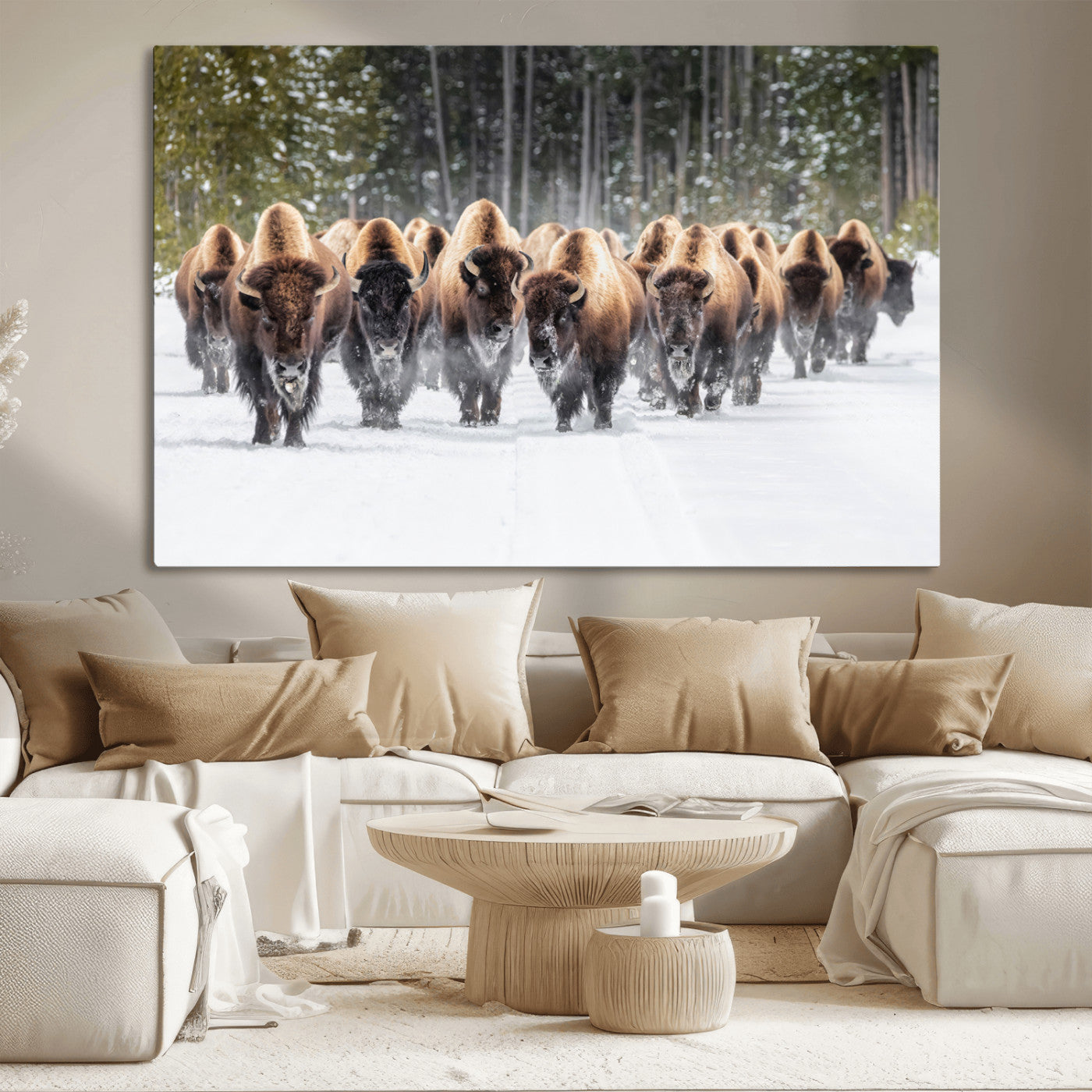American Bison Herd in Snow Wall Art Canvas Print – Powerful Winter Wildlife Scene with Buffalo in Motion, Perfect for Rustic Lodge or Western Cabin Decor