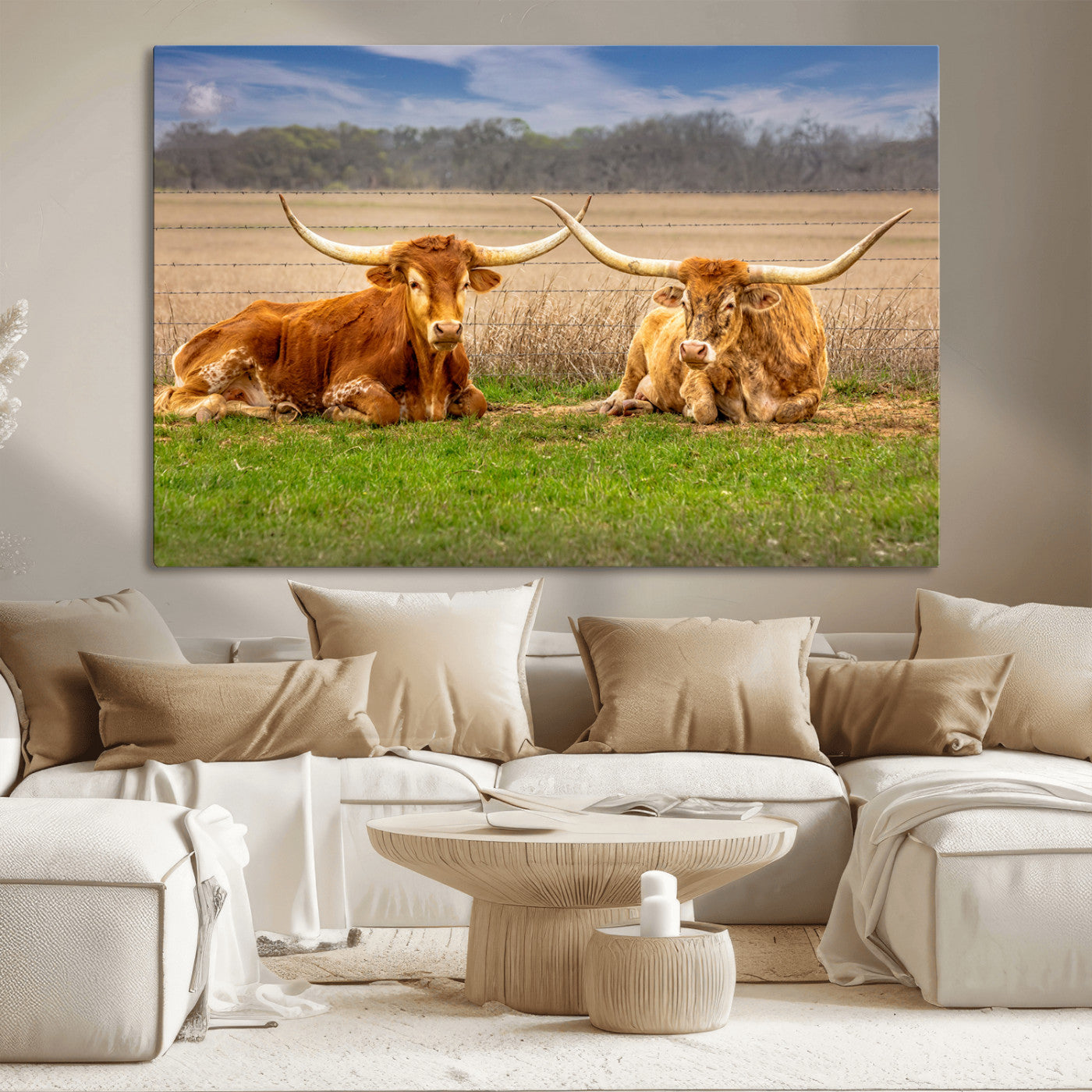 54598515-MGV-CV-36X24-Texas Longhorn Pair Wall Art Canvas Print – Peaceful Rustic Ranch Scene with Two Cattle in Field, Perfect for Western Farmhouse Home Decor