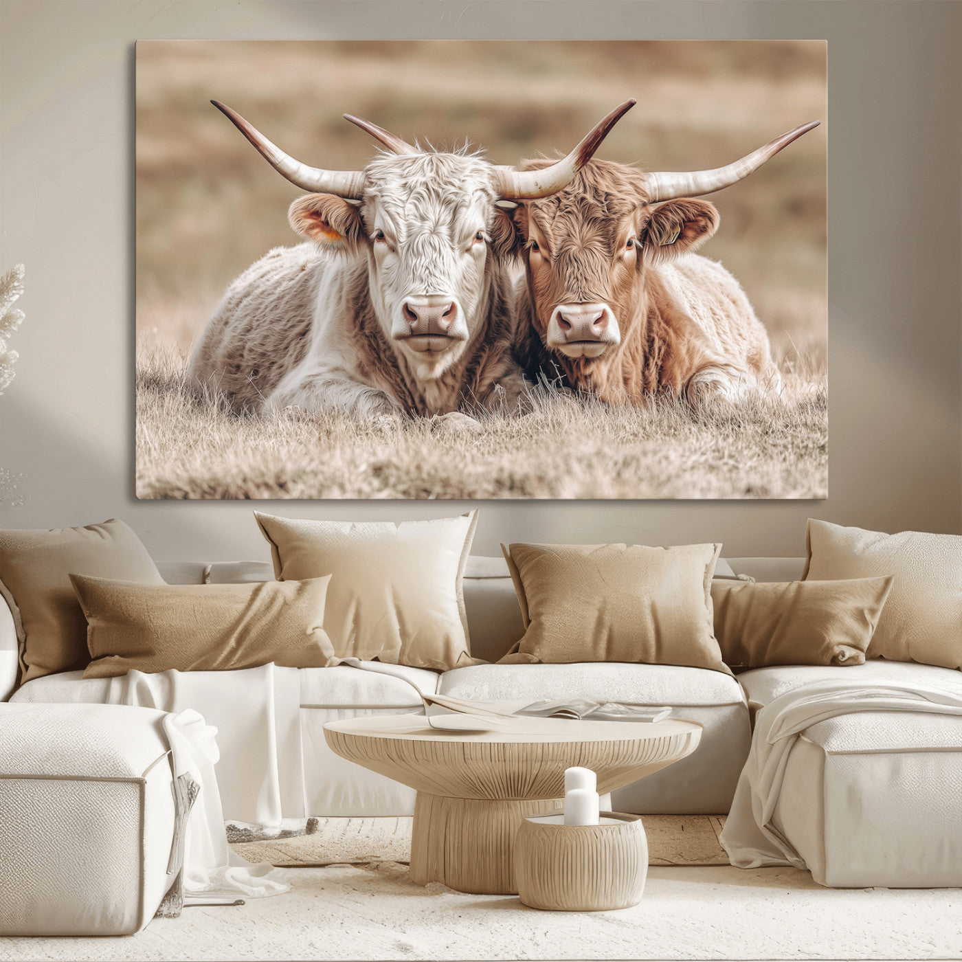 38651722-MGV-CV-36X24 - Highland Cows Meadow Canvas Wall Art – Peaceful Cow Photography Print, Rustic Farmhouse Animal Decor for Country Home, Living Room, Office