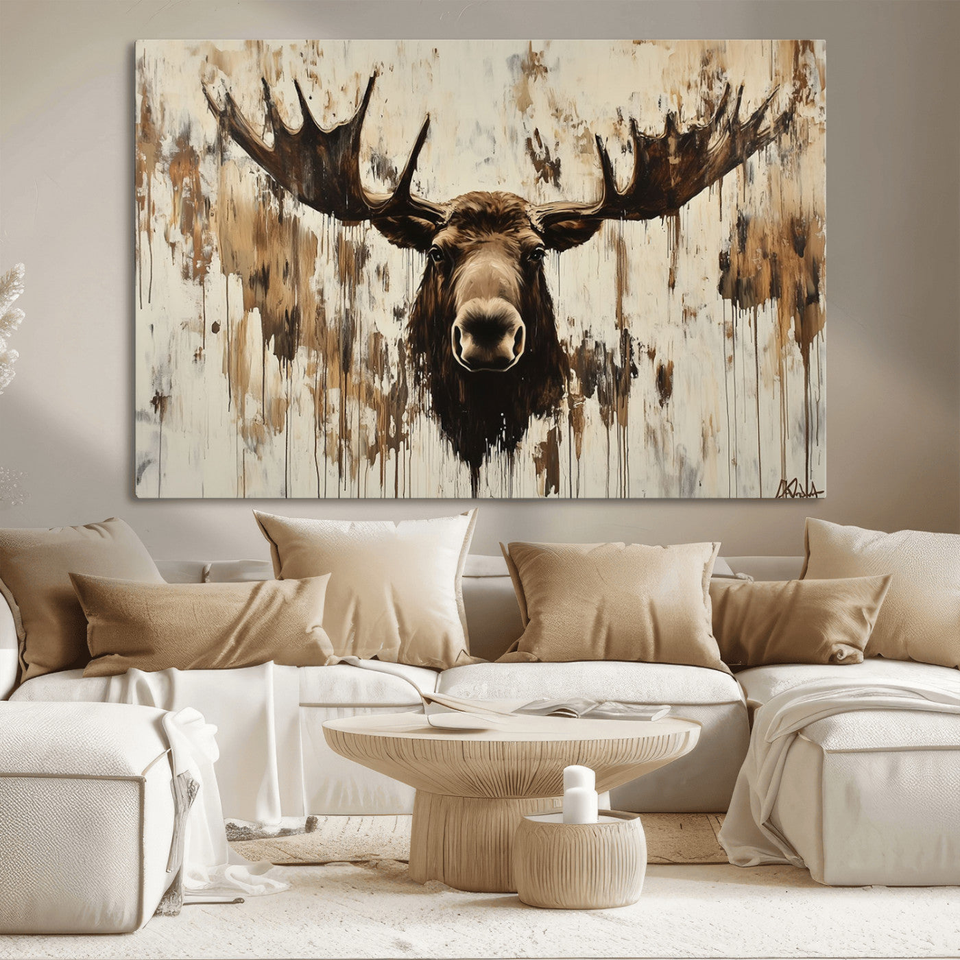 34496536-MGV-CV-36X24 - Powerful Moose Portrait Wall Art – Rich Earthy Tones, Expressive Brushstrokes, Striking Gaze, Raw Nature Vibes Decor for Home or Office
