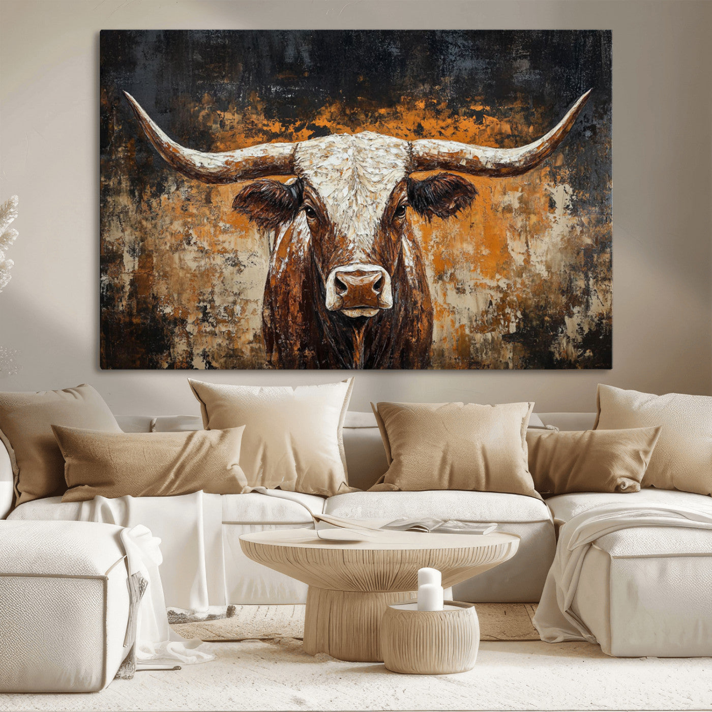 25265572-MGV-CV-36X24-Rustic Longhorn Bull Wall Art Canvas Print – Vintage Western Cattle Painting, Texas Steer Artwork for Ranch, Farmhouse or Cowboy Decor