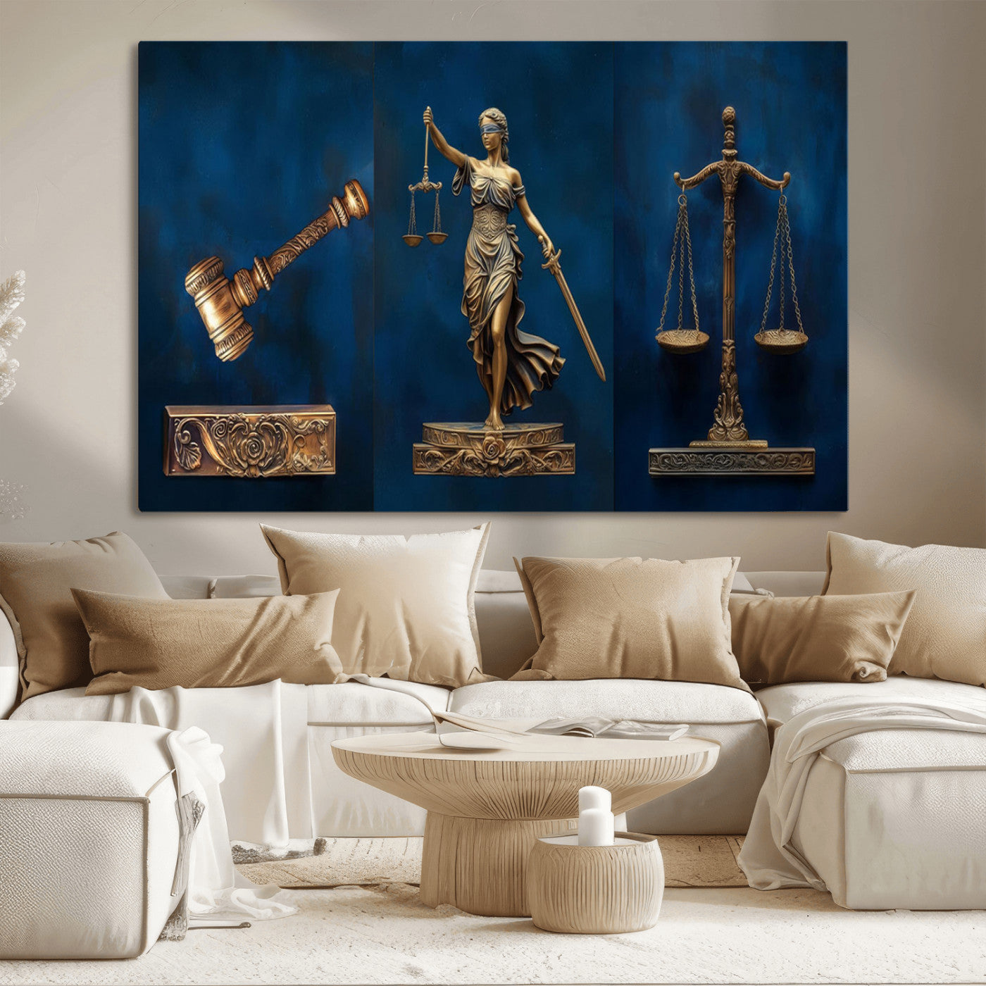 MGV-CV-36X24 - Lady Justice Wall Art Canvas Print – Elegant Gold Legal Symbols on Blue Background, Perfect for Law