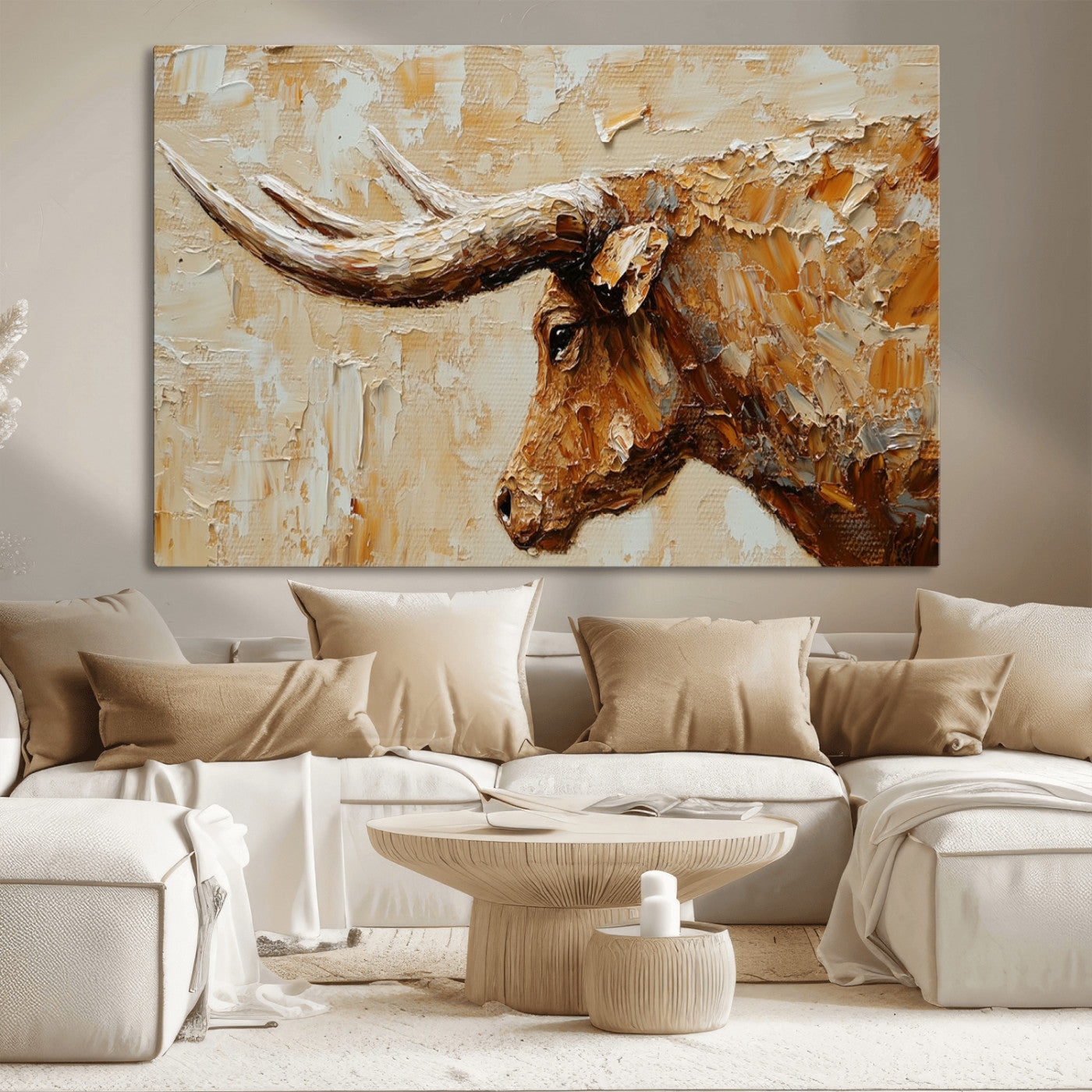 Rustic Longhorn Bull Wall Art Canvas Print – Vintage Western Cattle Painting, Texas Steer Artwork for Ranch, Farmhouse or Cowboy Decor