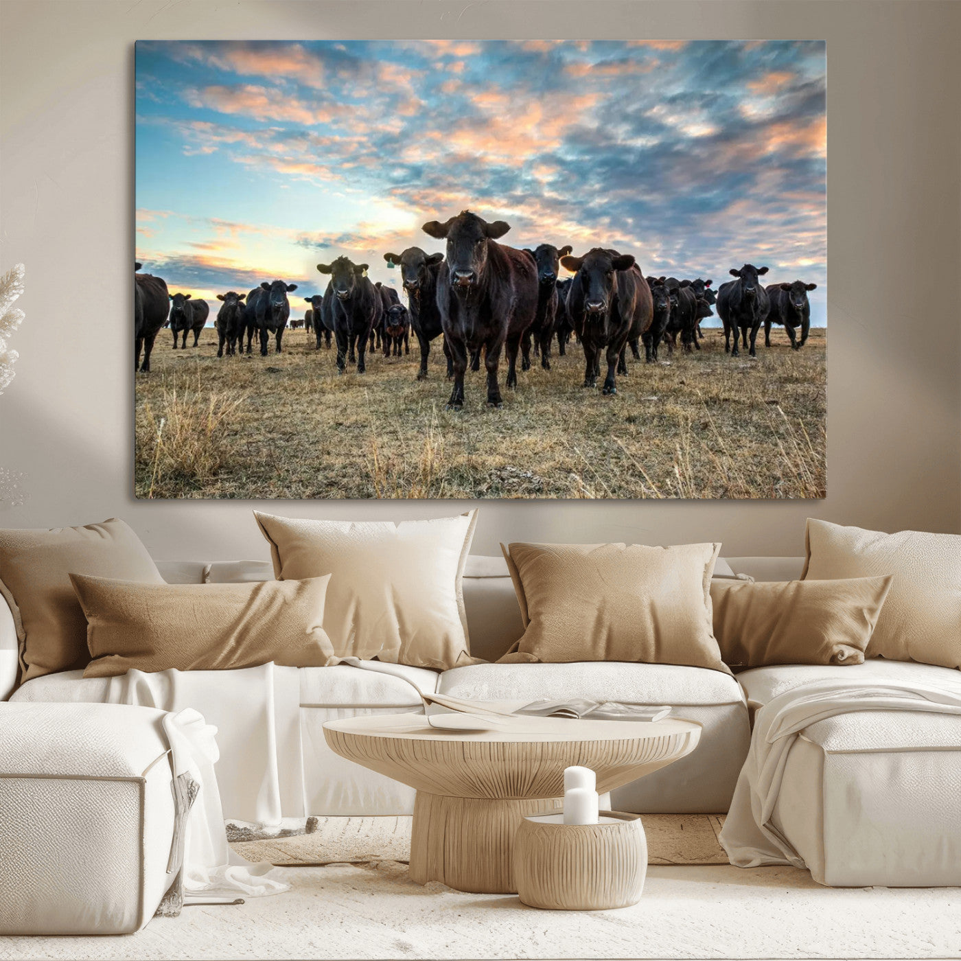 13867292-MGV-CV-36X24-Texas Longhorn Cattle Wall Art Canvas Print – Rustic Western Ranch Scene with Steers at Sunset, Perfect for Farmhouse or Cowboy Decor