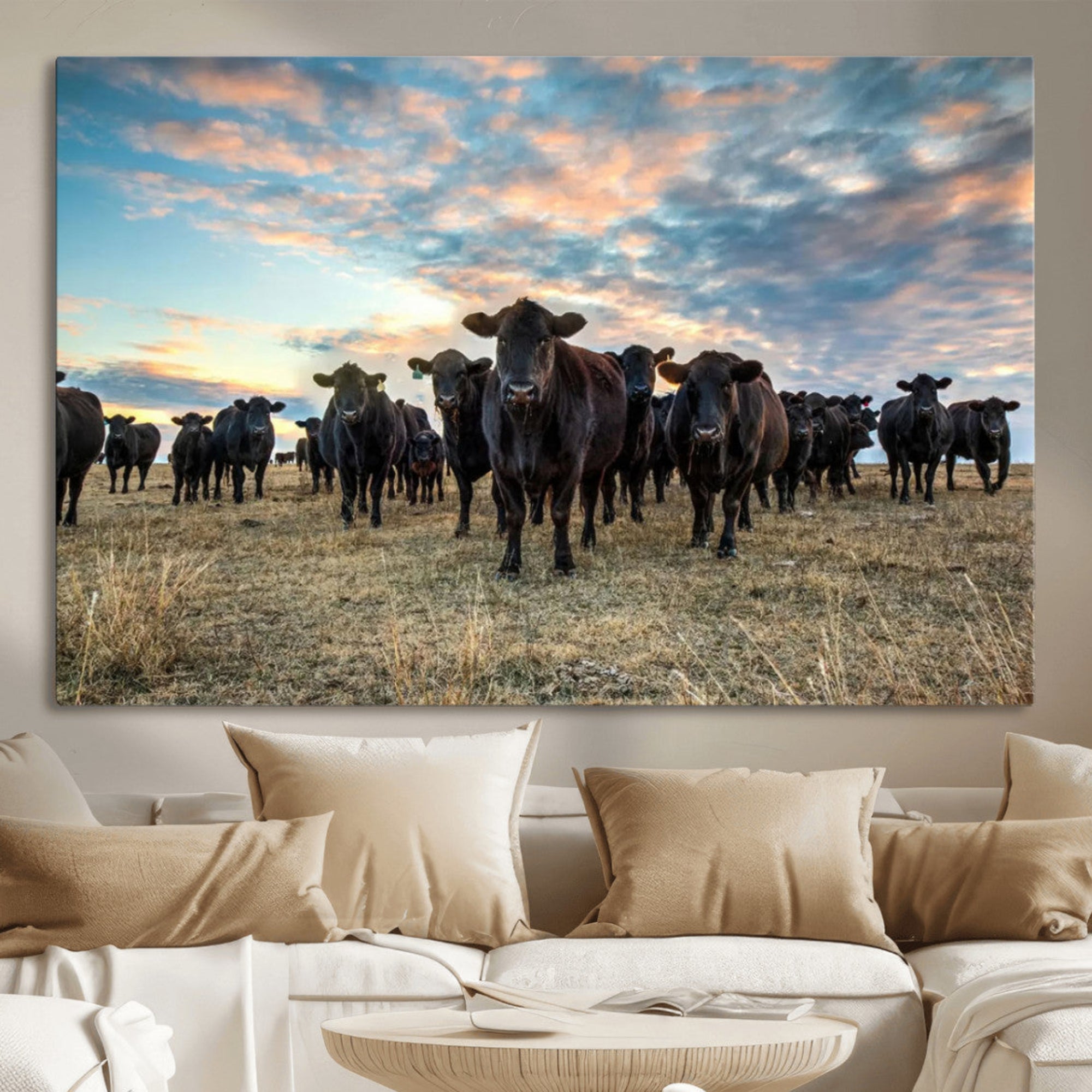 13867292-MGV-CV-36X24-Texas Longhorn Cattle Wall Art Canvas Print – Rustic Western Ranch Scene with Steers Sunset for Home, Office