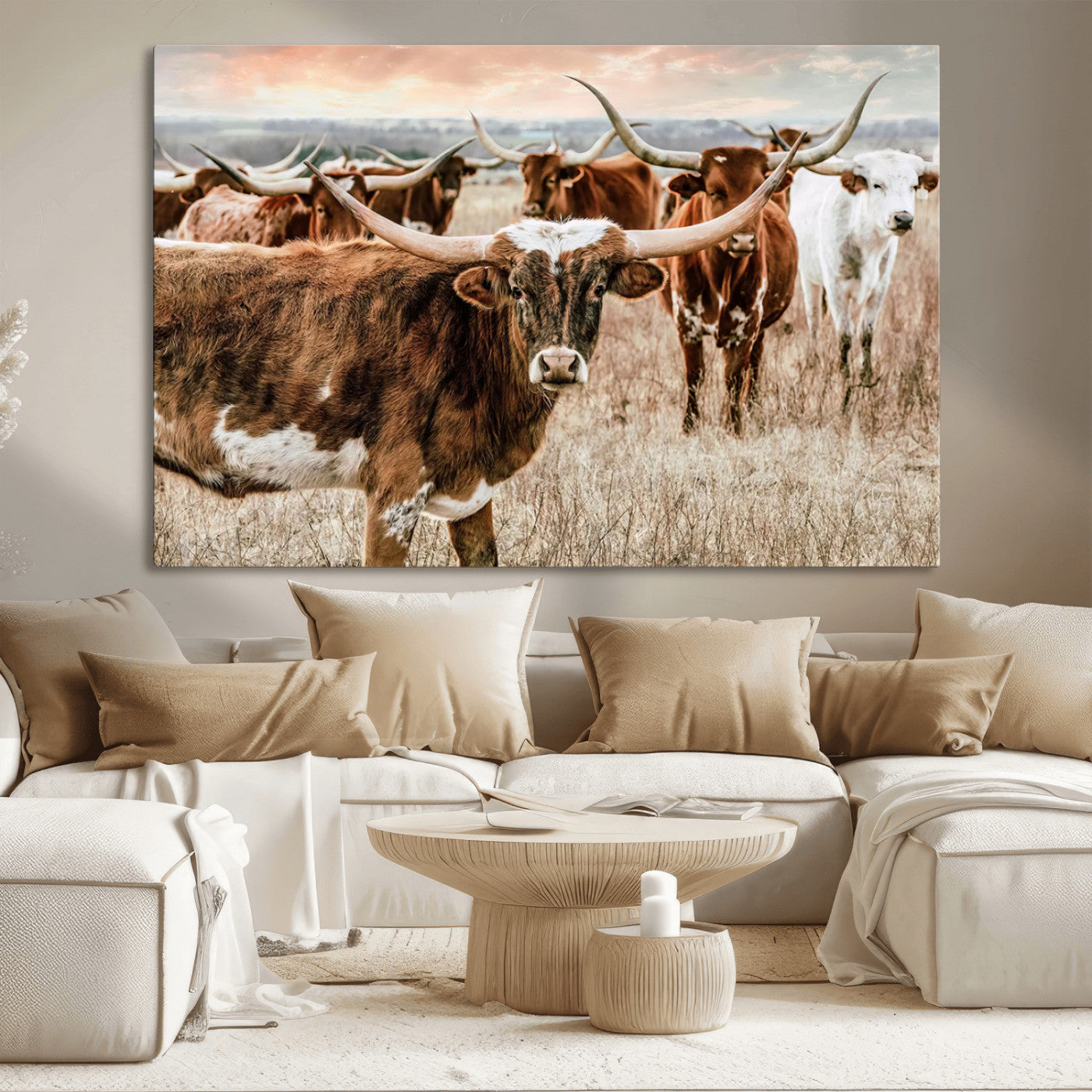 MGV-CV-36X24 - Texas Longhorn Cattle Wall Art Canvas Print – Rustic Western Ranch Scene with Steers at Sunset,
