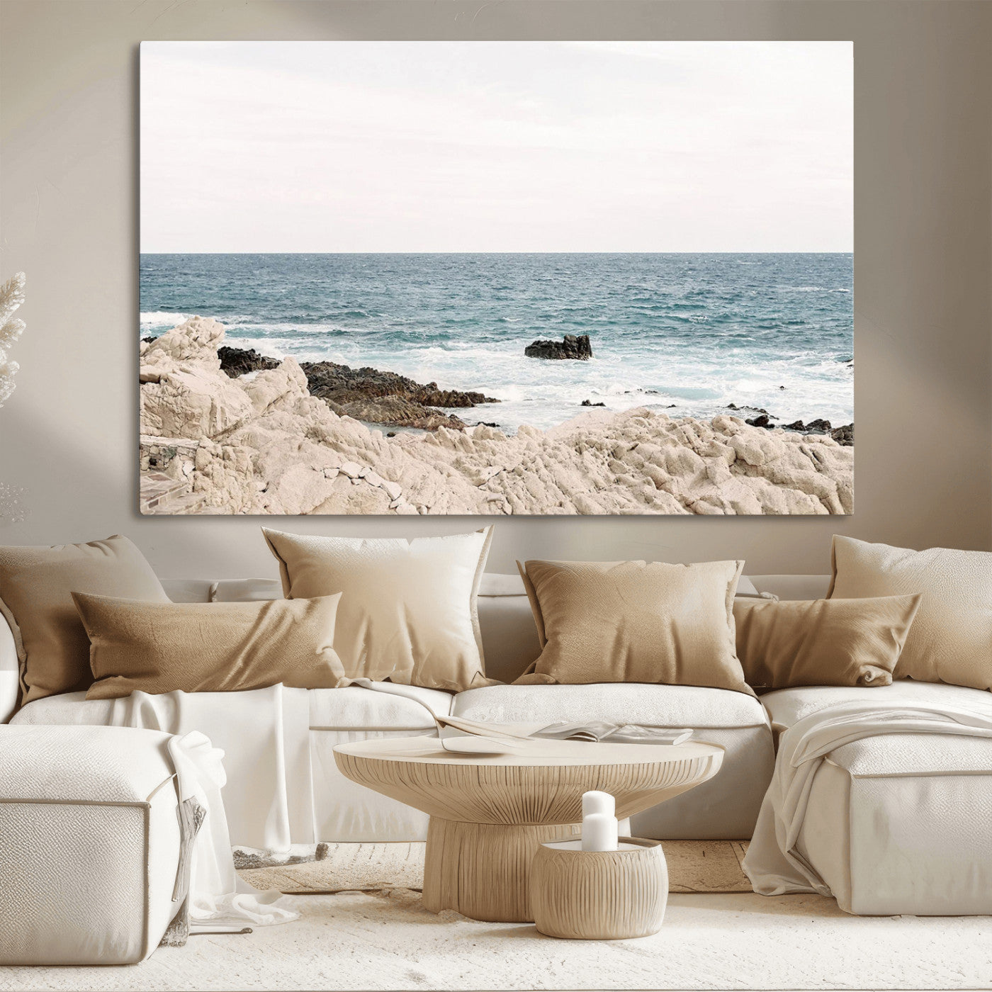 25481980-MGV-CV-36X24-Coastal Ocean View Wall Art Canvas Print – Serene Rocky Shoreline and Blue Sea Photography for Coastal Chic or Minimalist Home Decor