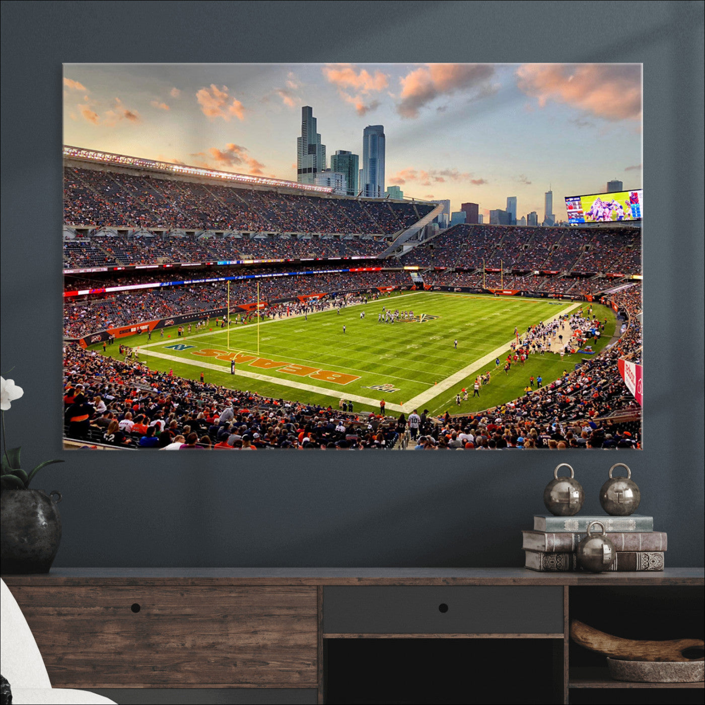 55377093-MGV-CV-36X24-Chicago Bears Soldiers Field Wall Art Canvas Print – Framed Football Stadium Artwork for Sports Fans, Soldier Field Skyline Canvas Decor for Game Room or Man Cave