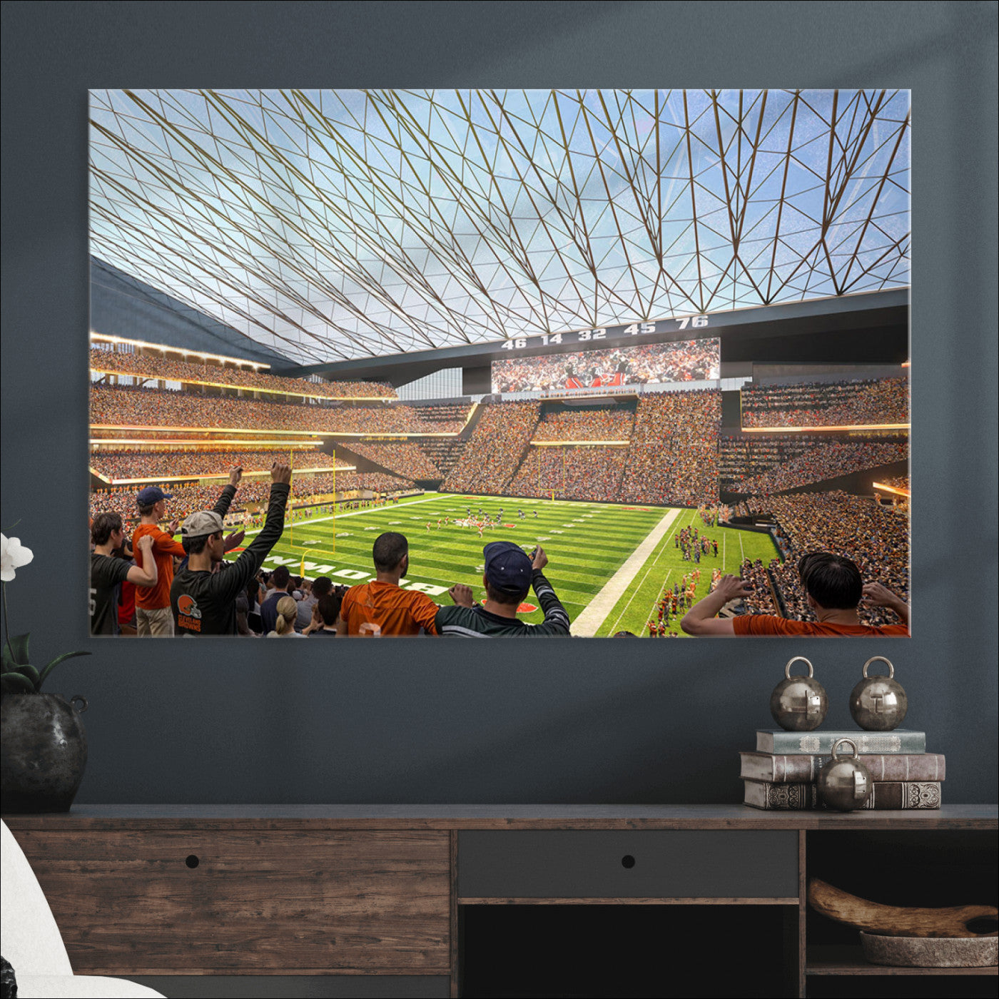 81960112-MGV-CV-36X24-Cleveland Browns Stadium Wall Art Canvas Print – Framed Football Artwork Featuring Cleveland Skyline and Browns Stadium, Perfect for Man Cave or Game Room Decor