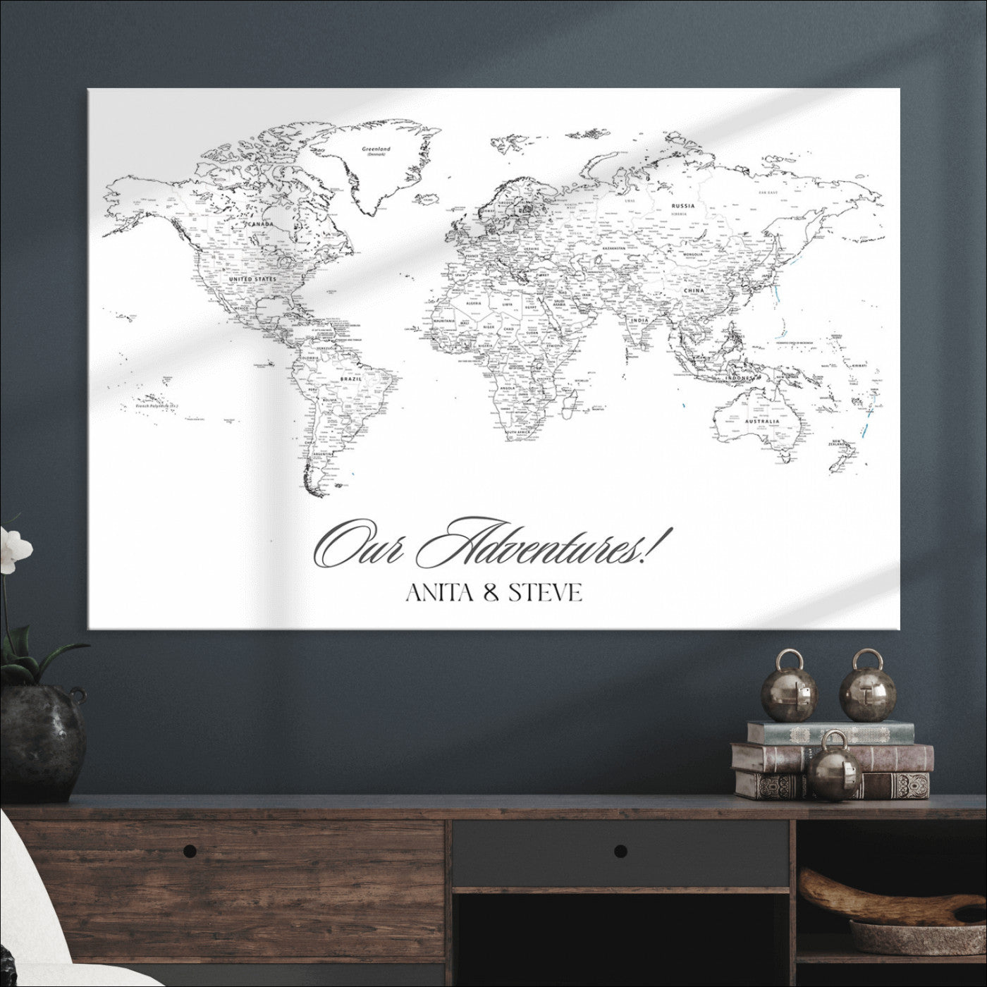 CSTM5001-MGV-CV-36X24-Personalized Push Pin World Map Wall Art, Custom Map Canvas Print, Adventure Black White Travel Decor for Couples for Anniversaries