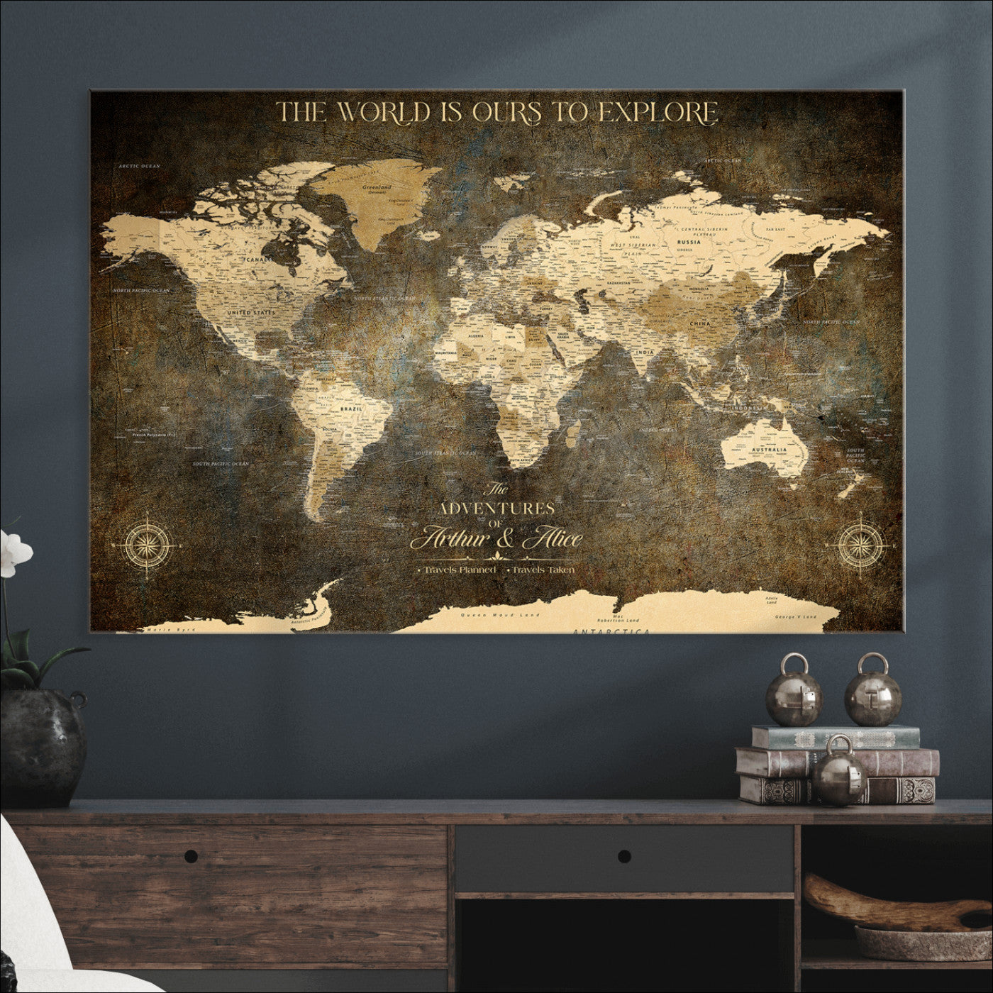 76675404-MGV-CV-36X24-Framed Push Pin World Travel Map – Canvas Wall Art for Tracking Adventures, Decorative Vintage Style Map with Pins for Home or Office - H1