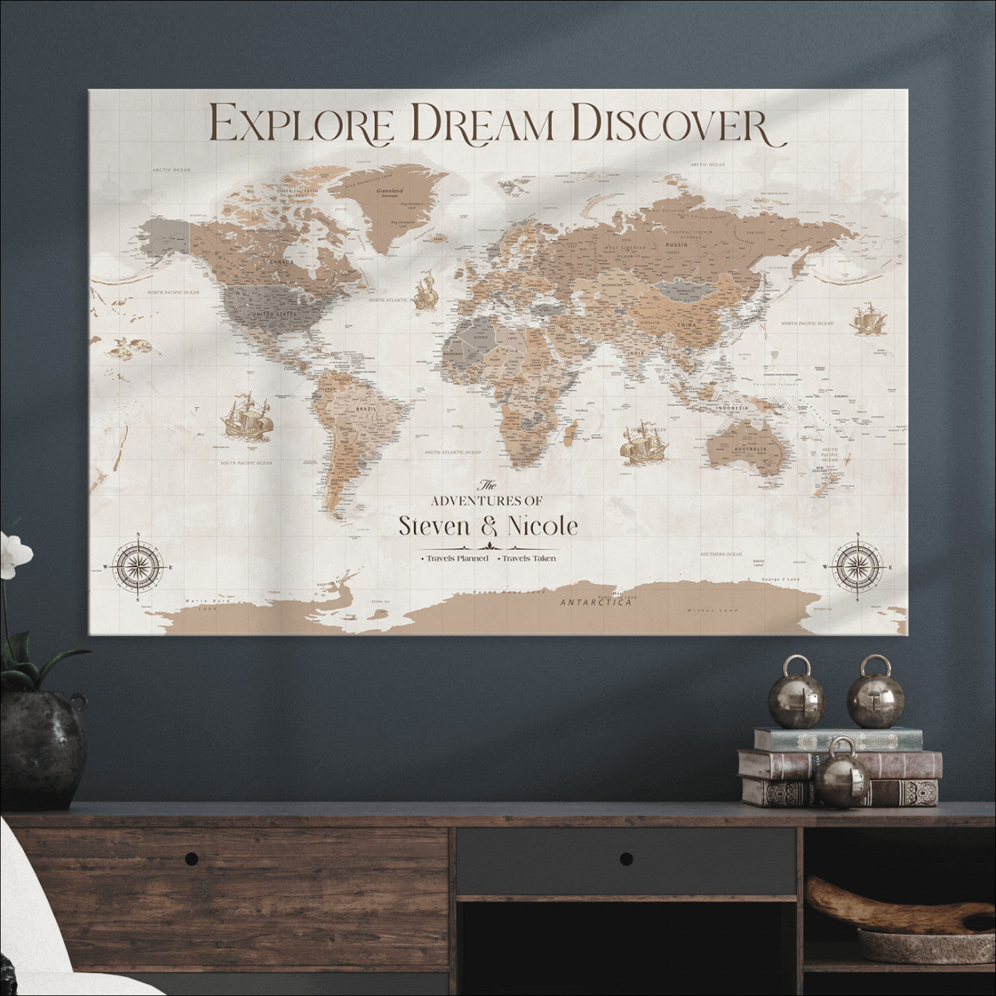 95738134-MGV-CV-36X24-Custom Push Pin World Map Wall Canvas Print – Personalized Travel Tracker with Pins – Framed Large Multi-Size Canvas for Home Office Decor