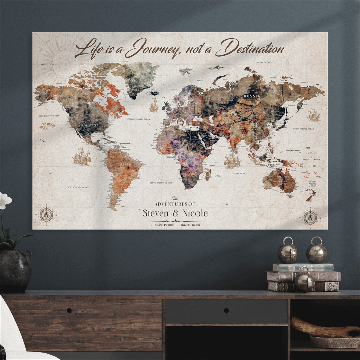 96000140-MGV-CV-36X24-Custom Push Pin World Map Wall Canvas Print – Personalized Travel Tracker with Pins – Framed Large Multi-Size Canvas for Home Office Decor