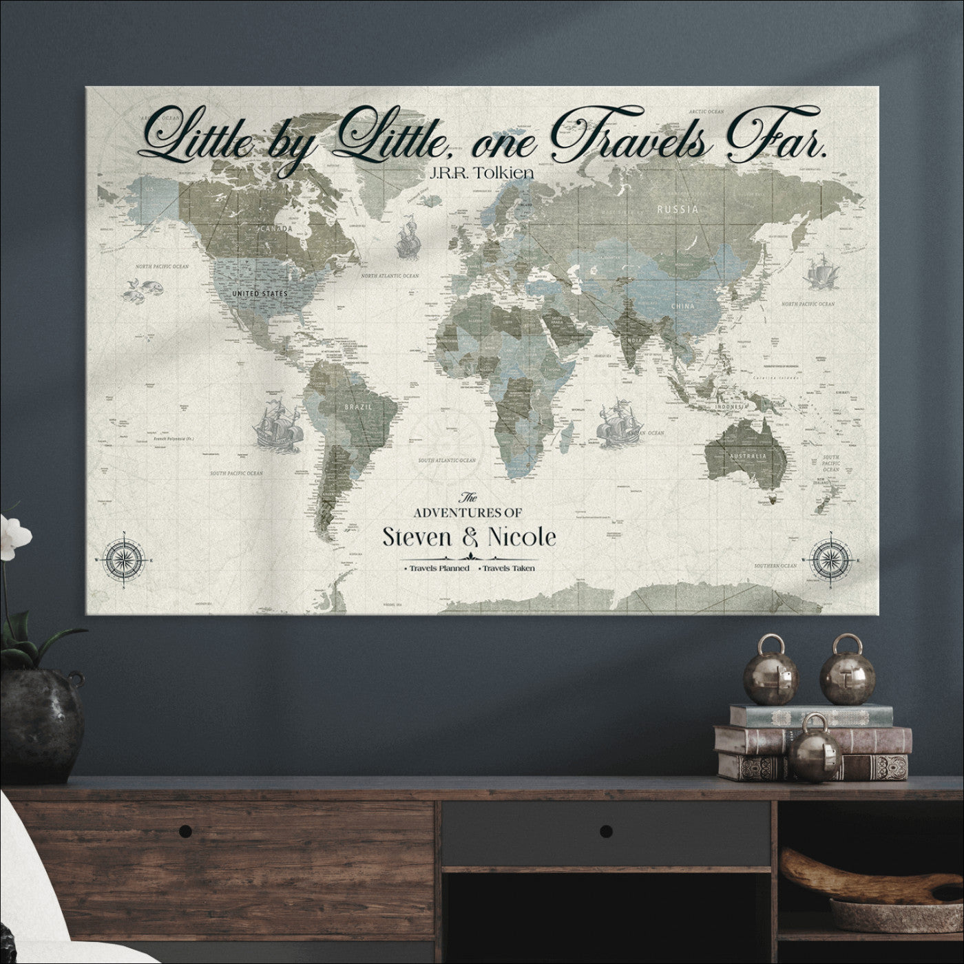 72081300-MGV-CV-36X24-Custom Push Pin World Map Wall Canvas Print – Personalized Travel Tracker with Pins – Framed Large Multi-Size Canvas for Home Office Decor