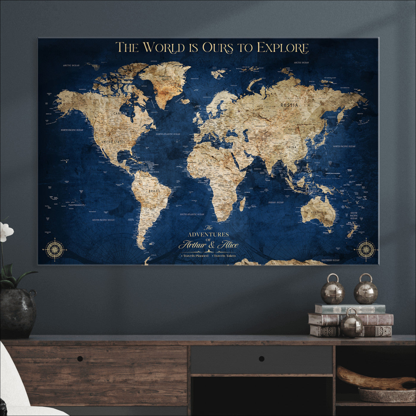 10181149-MGV-CV-36X24-Custom Push Pin World Map Wall Canvas Print – Personalized Travel Tracker with Pins – Framed Large Multi-Size Canvas for Home Office Decor