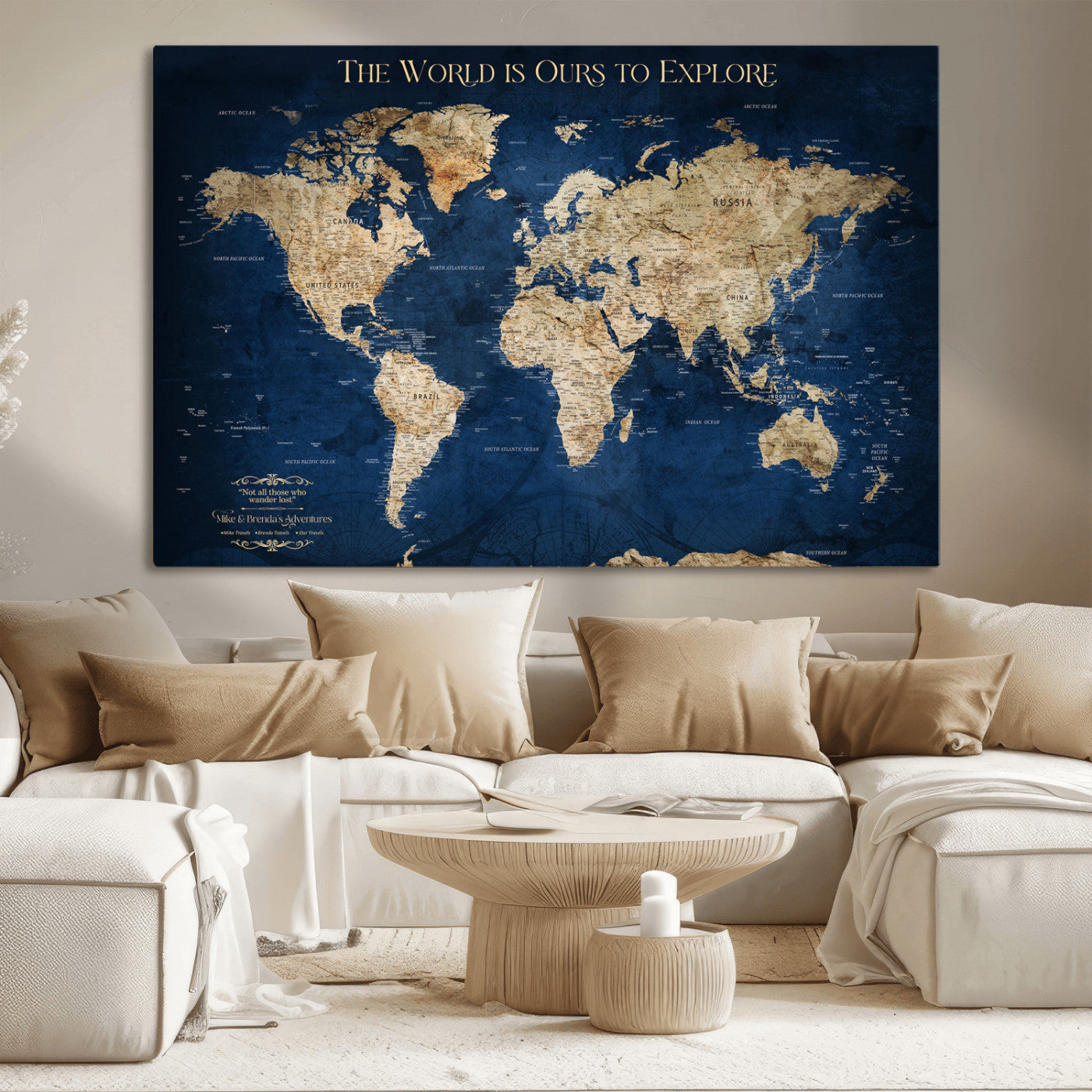 10181149-MGV-CV-36X24-Custom Push Pin World Map Wall Canvas Print – Personalized Travel Tracker with Pins – Framed Large