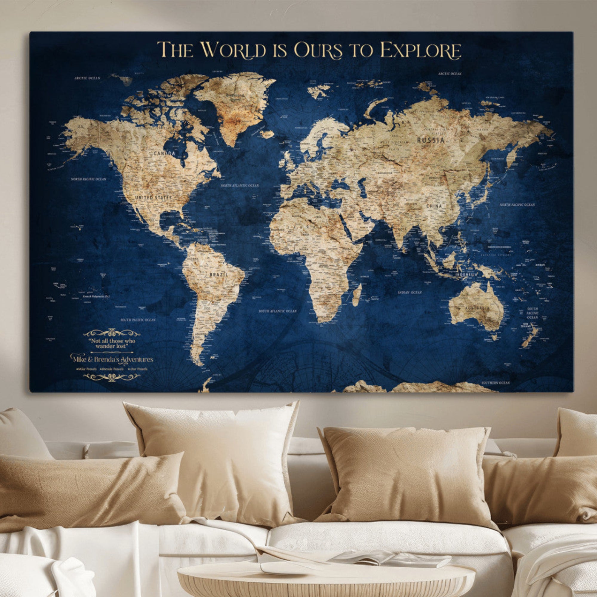 10181149-MGV-CV-36X24-Custom Push Pin World Map Wall Canvas Print – Personalized Travel Tracker with Pins – Framed Large Multi-Size Canvas for Home Office Decor