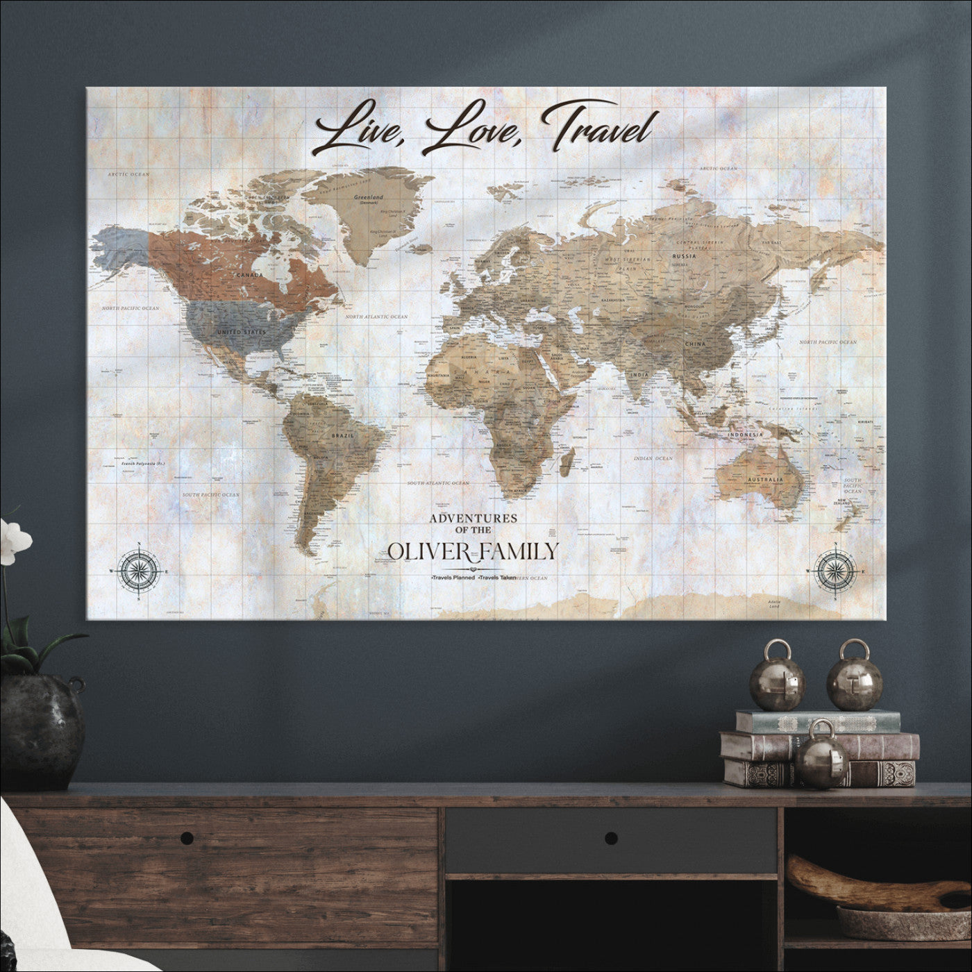 76256172-MGV-CV-36X24-Custom Push Pin World Map Wall Canvas Print – Personalized Travel Tracker with Pins – Framed Large Multi-Size Canvas for Home Office Decor