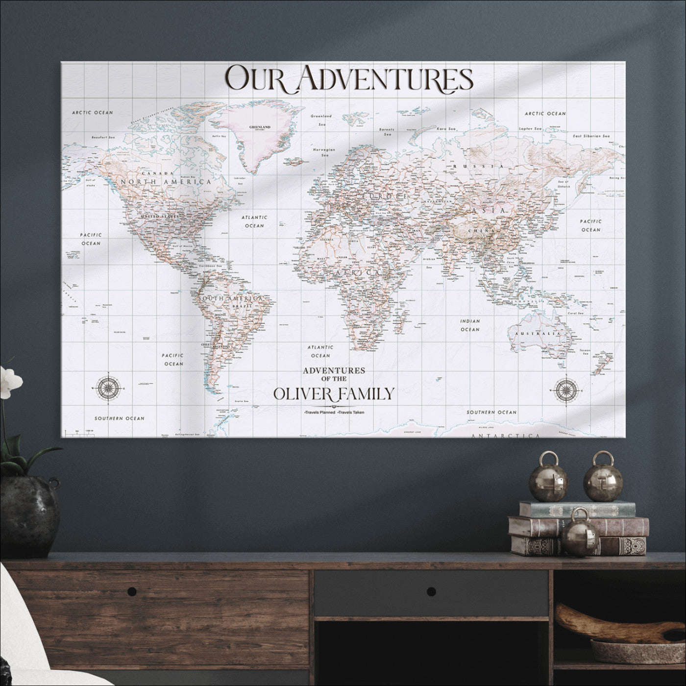 40041157-MGV-CV-36X24-Custom Push Pin World Map Wall Canvas Print – Personalized Travel Tracker with Pins – Framed Large Multi-Size Canvas for Home Office Decor