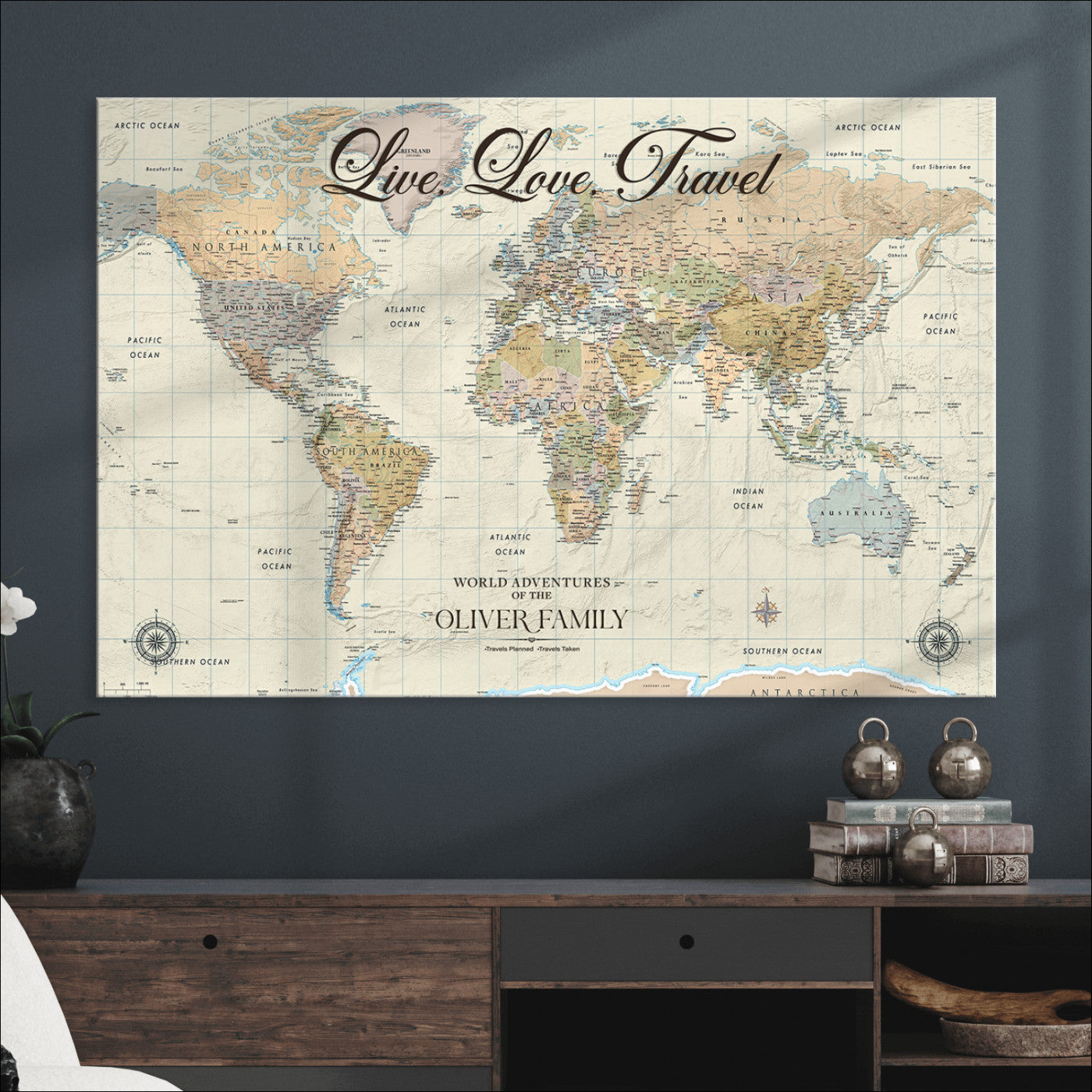 49563244-MGV-CV-36X24-Custom Push Pin World Map Wall Canvas Print – Personalized Travel Tracker with Pins – Framed Large Multi-Size Canvas for Home Office Decor