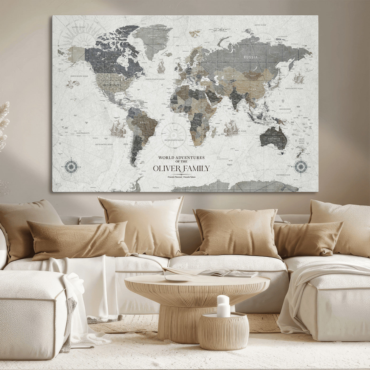 MGV-CV-36X24 - Custom Push Pin World Map Wall Canvas Print – Personalized Travel Tracker with Pins – Framed Large Multi-Size Canvas for Home Office Decor