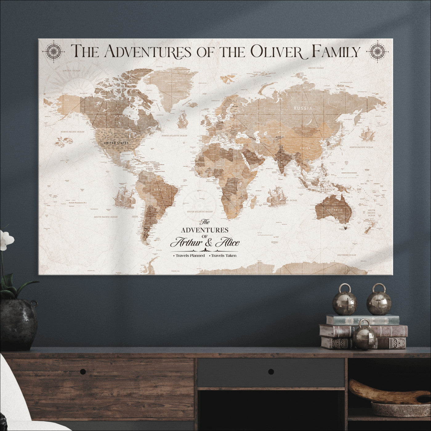 58395047-MGV-CV-36X24-Personalized Framed World Map Canvas Wall Art Print – Custom Push Pin Travel Tracker Lover - Custom World Map on Canvas