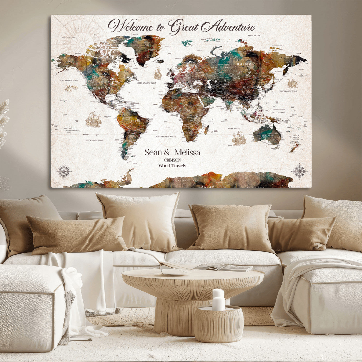 92462592-MGV-CV-36X24-Customize Push Pin World Map Wall Canvas Print – Personalizable Travel World Map with Pins – Framed Personalized Map Print for Couple Gift - H31