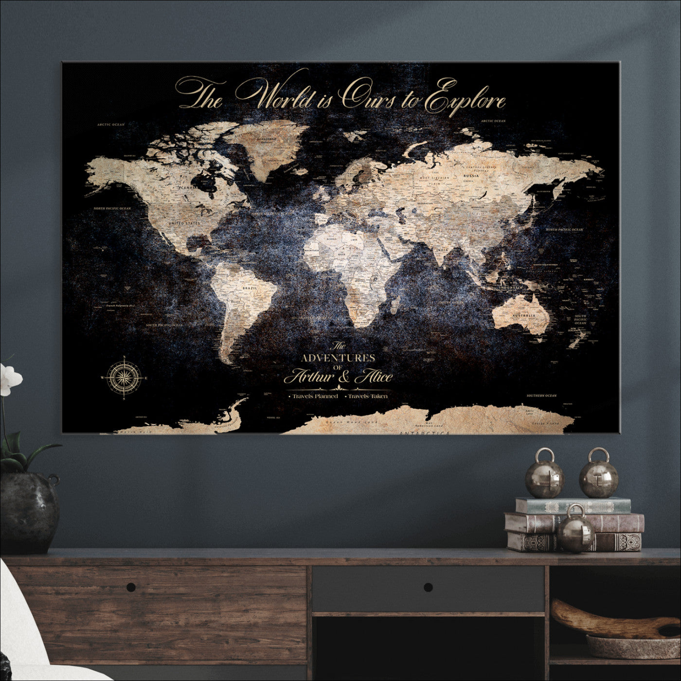 21010471-MGV-CV-36X24-Customize Push Pin World Map Wall Canvas Print, Personalized Travel Tracker with Pins, Framed Large Canvas for Home Office Decor - H37