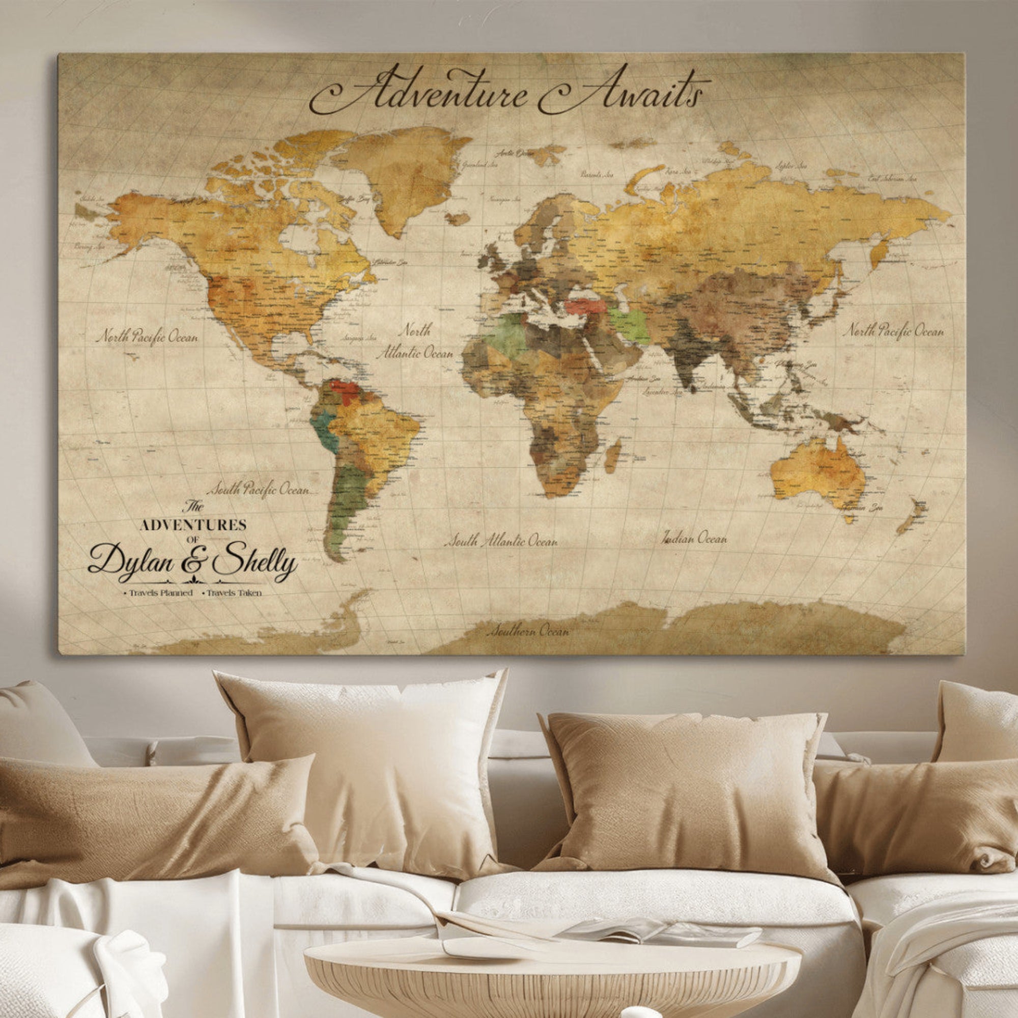 50298017-MGV-CV-36X24-Personalized World Map Canvas – Custom Framed Push Pin Travel Map Wall Art, Vintage Style Gift for Couples and Travelers