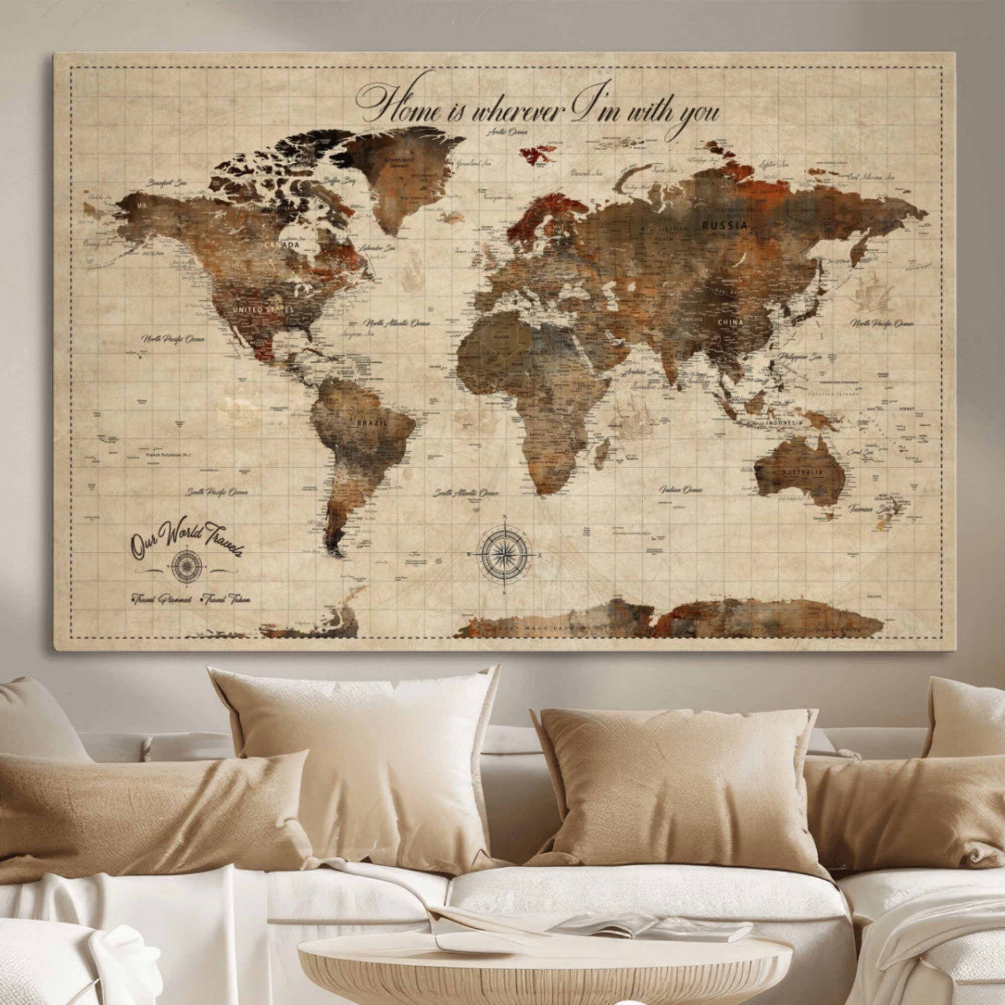 Rehber01-MGV-CV-36X24-Personalized World Map Wall Art – Customizable Push Pin Framed Canvas Print Unique Travel Decor for Home, Office