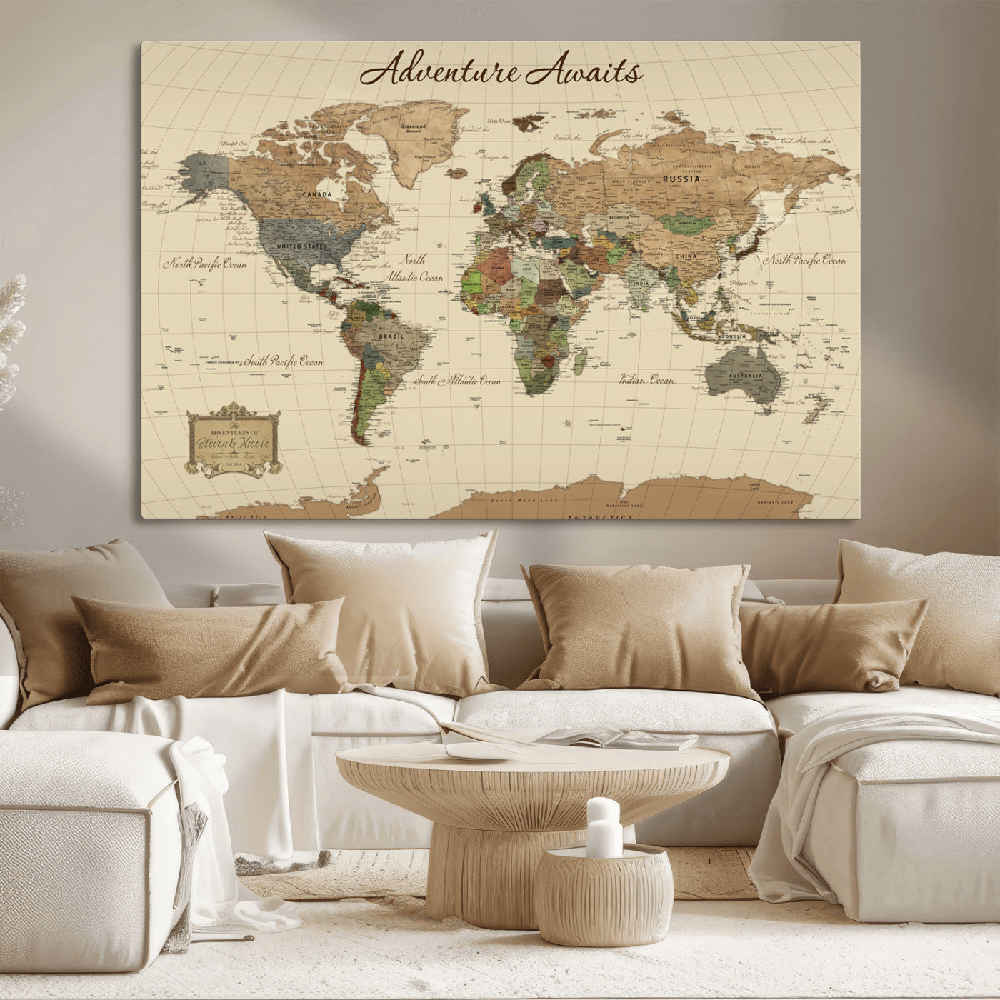 31875069-MGV-CV-36X24-Custom Push Pin World Map Wall Canvas Print – Personalized Travel Tracker with Pins – Framed Custom Quotie Canvas for Home Office Decoration