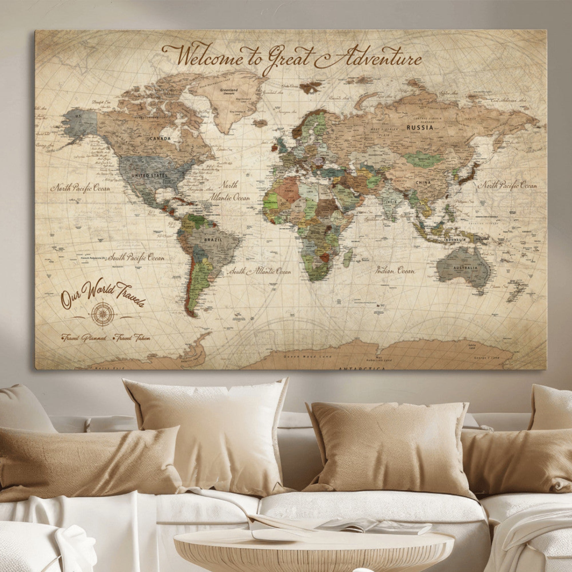 Rehber01-MGV-CV-36X24-Personalized Antique World Map Canvas Print – Custom Push Pin Travel Tracker Vintage Adventure Gift for Couples for Home, Office