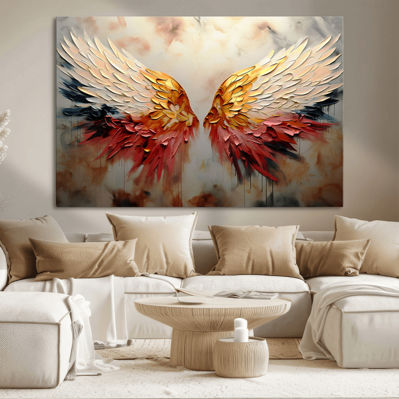 A stunning 3D-style painting of angel wings with vibrant gold, red, and black hues, creating a dramatic and striking visual effect.