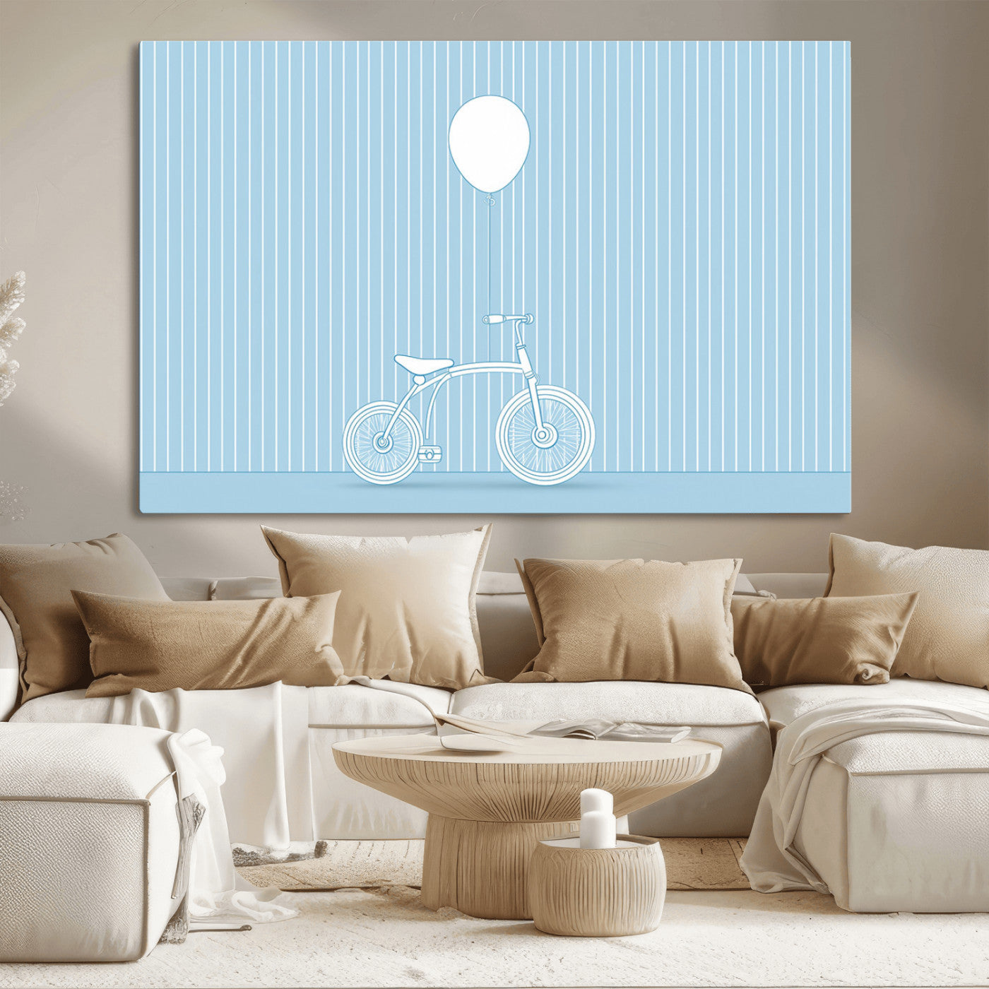 A minimalistic blue line drawing of a bicycle with a balloon floating above it, set against a soft striped background.