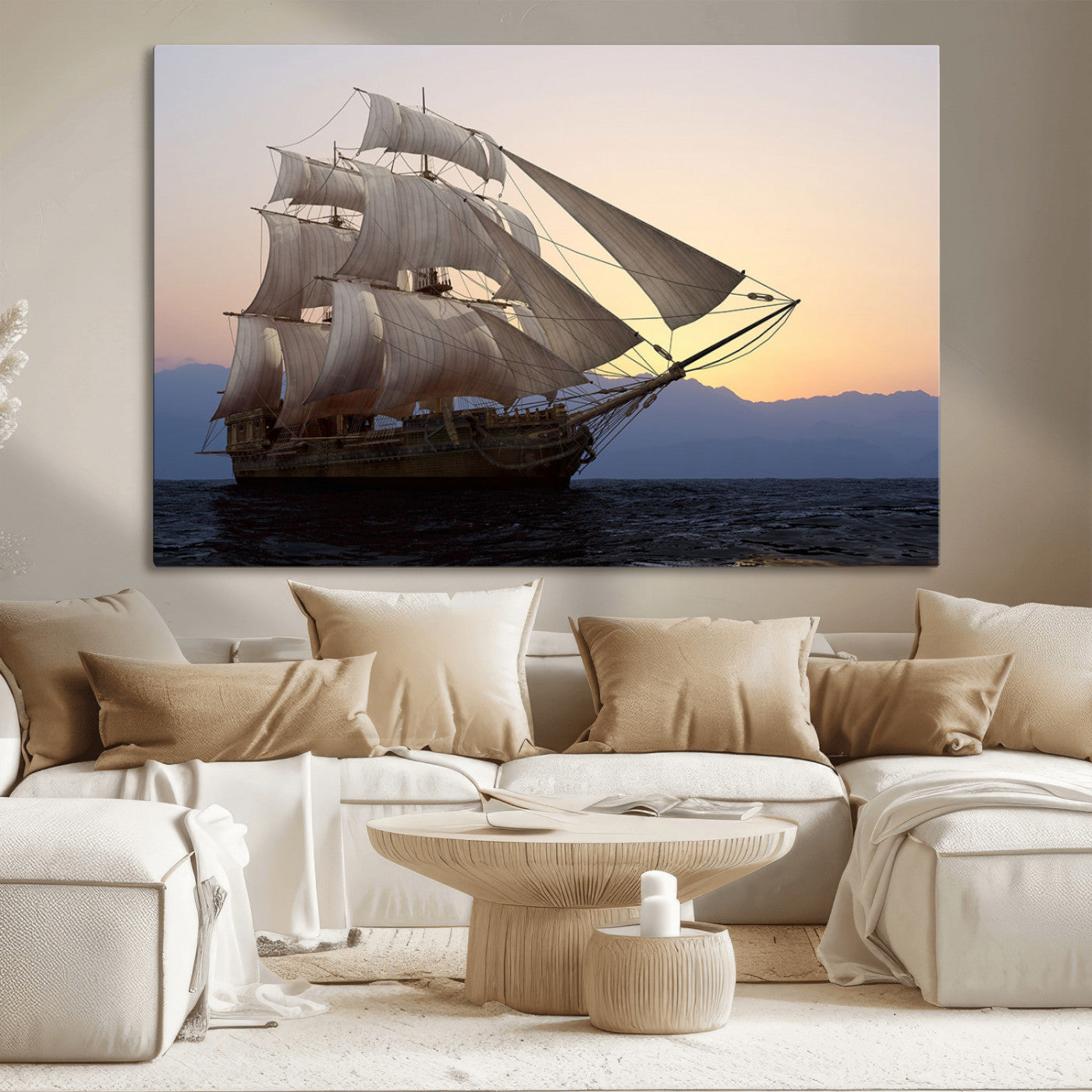 A majestic sailing ship with full sails, gliding through the ocean at sunset, with the soft glow of the sky casting a serene backdrop.