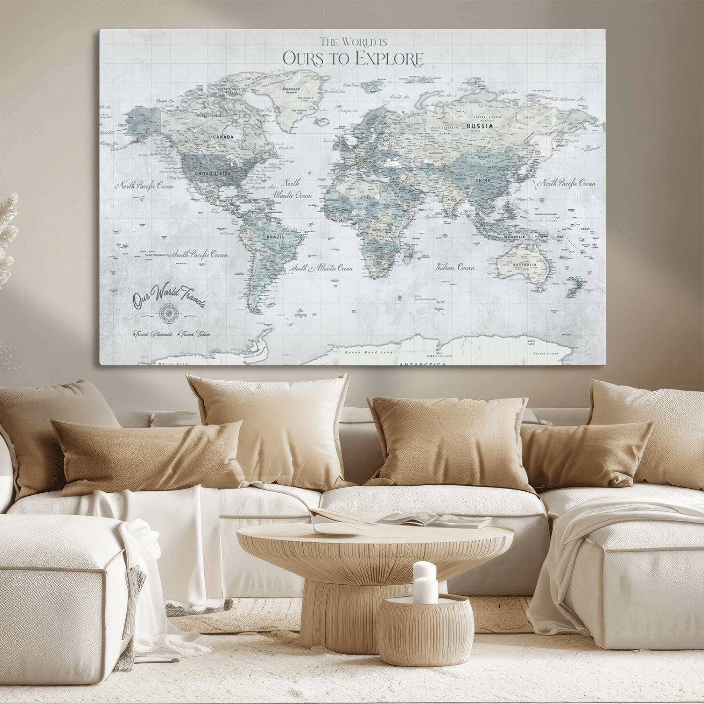 73654056-MGV-CV-36X24 - Personalized Push Pin World Map Canvas Print – Custom Framed Travel Tracker Artwork for Couples or Home Decor