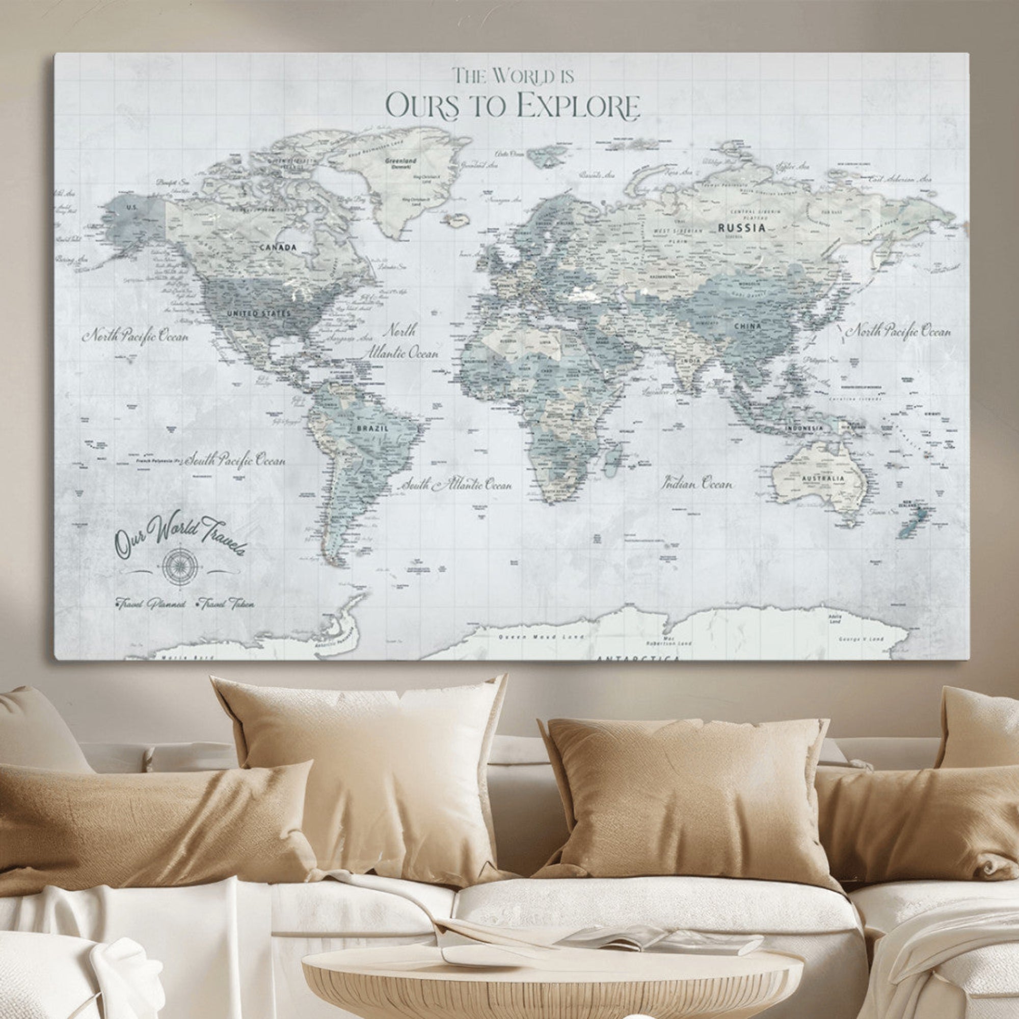 Rehber01-MGV-CV-36X24-Personalized World Map Wall Art – Custom Framed Push Pin Travel Tracker Canvas Print Unique Gift for Home, Office