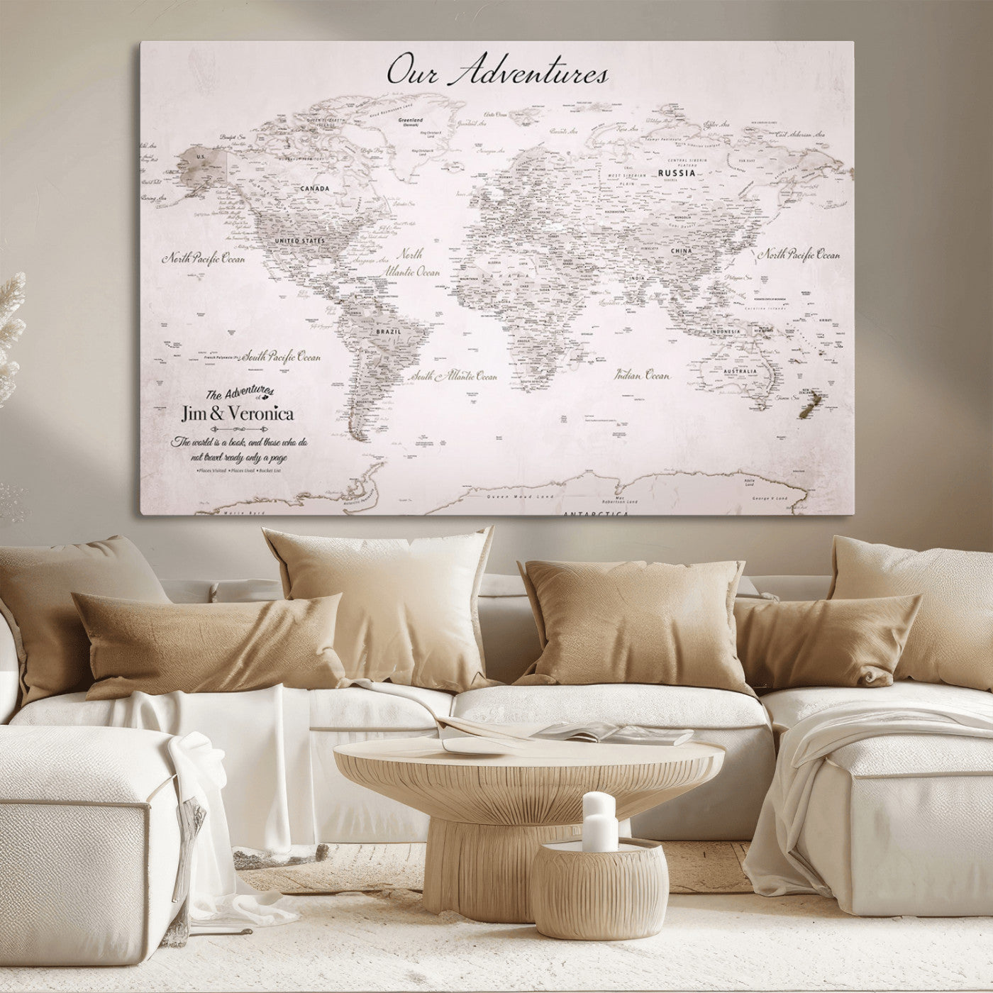 Customize Push Pin World Map Wall Canvas Print – Personalized Travel Map with Foam Pins – Framed Custom Quotie Canvas for Home Office Decor
