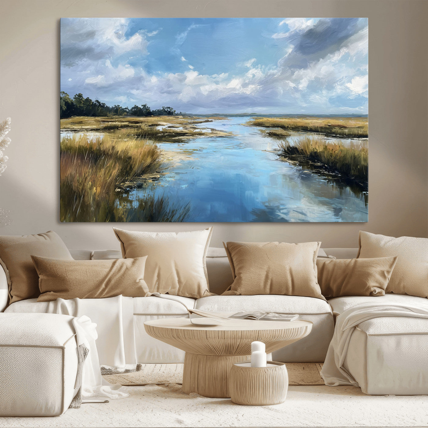 A beautiful, painterly landscape of a calm river winding through a marsh, with vibrant green grasses and a bright blue sky filled with fluffy clouds.